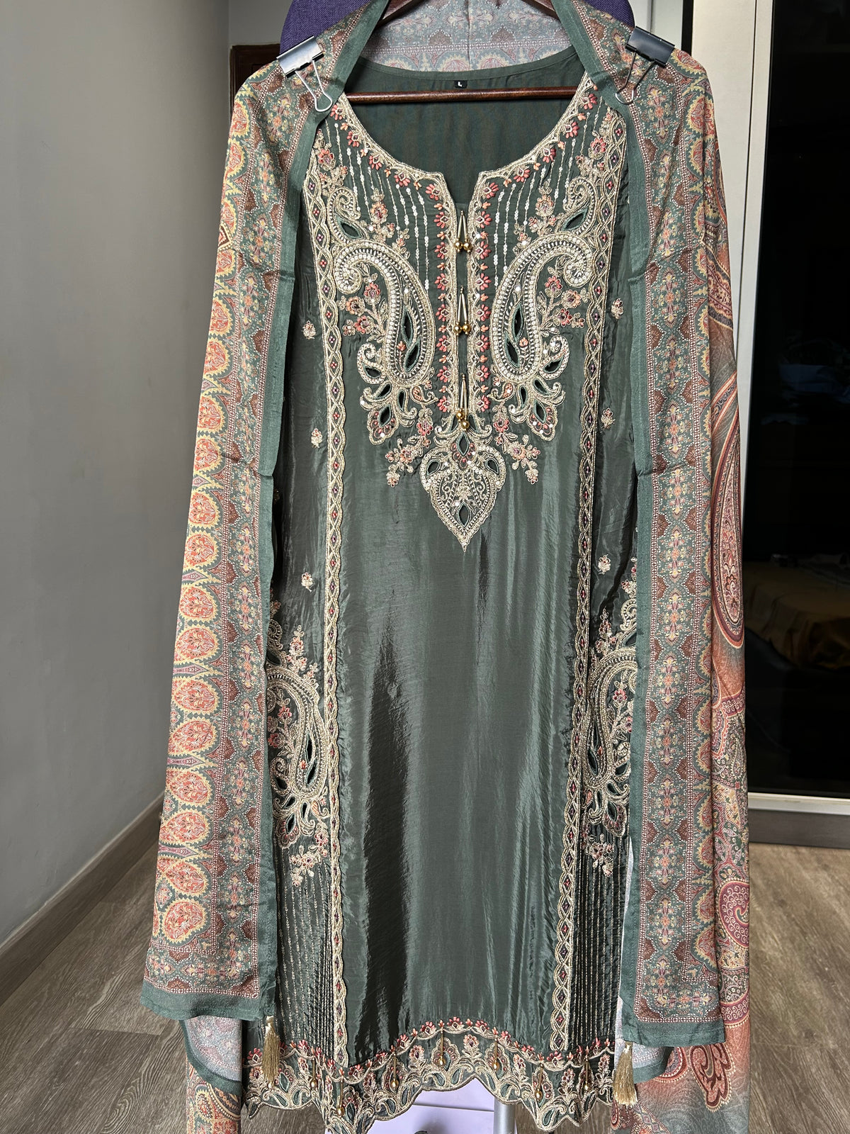 HO Silk Embroidered Cutwork Suit with Digital Print Chinon Dupatta