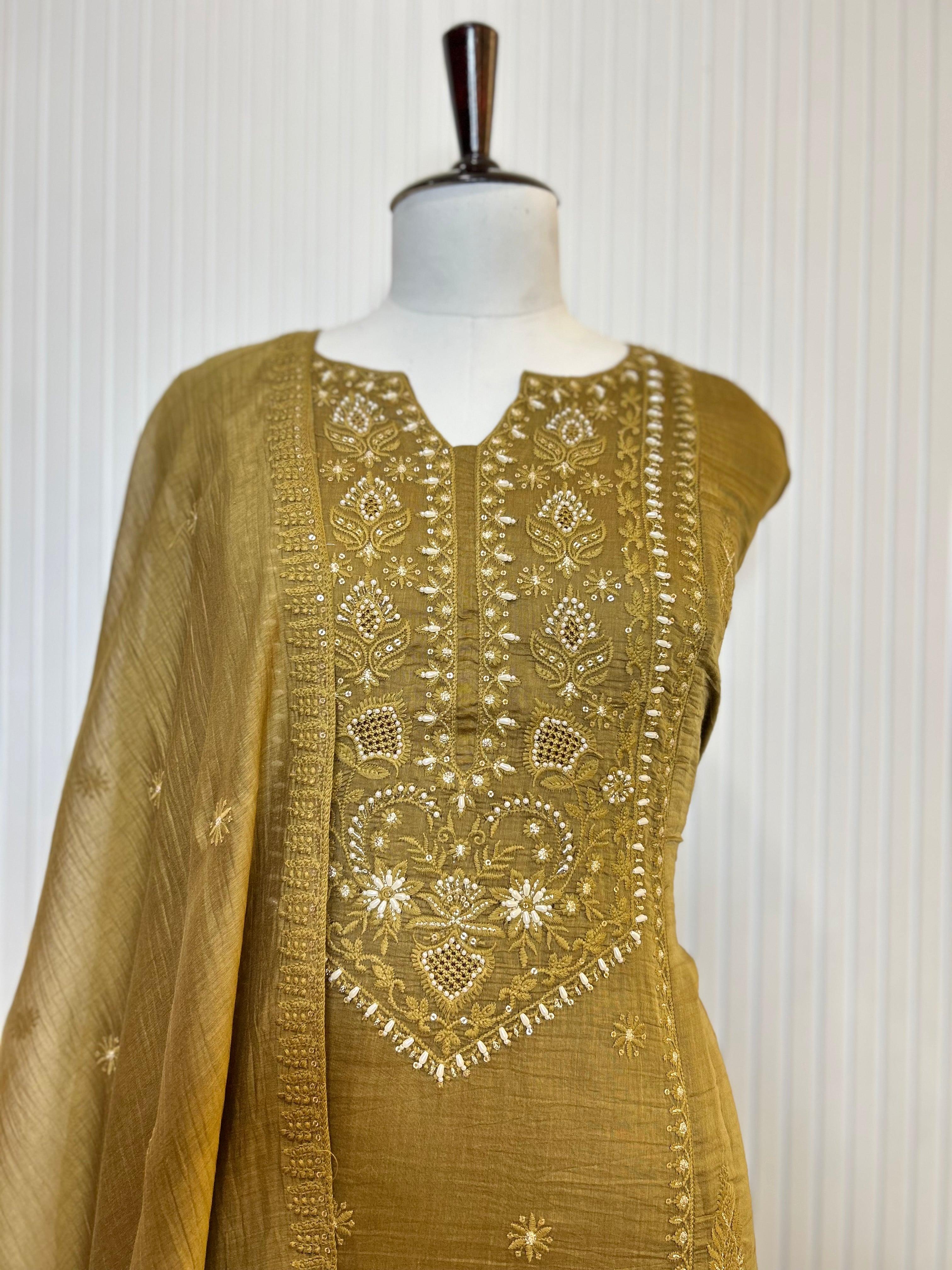 Mul Cotton Embroidered Unstitched Suit Set with Hand Beads Work & Embroidered Mul Cotton Dupatta | Premium Ethnic Salwar Suit Material for Women