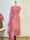Shimmer Unstitched Printed Suit with Embroidered, Boring And Sequins Work Neck And Embroidered Cutwork Ghera Paired With Digitally Printed Tabby Dupatta