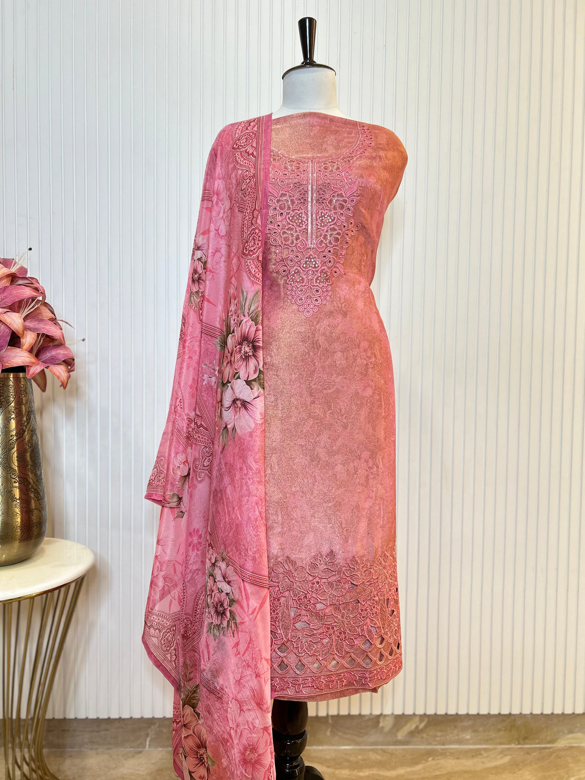 Shimmer Unstitched Printed Suit with Embroidered, Boring And Sequins Work Neck And Embroidered Cutwork Ghera Paired With Digitally Printed Tabby Dupatta
