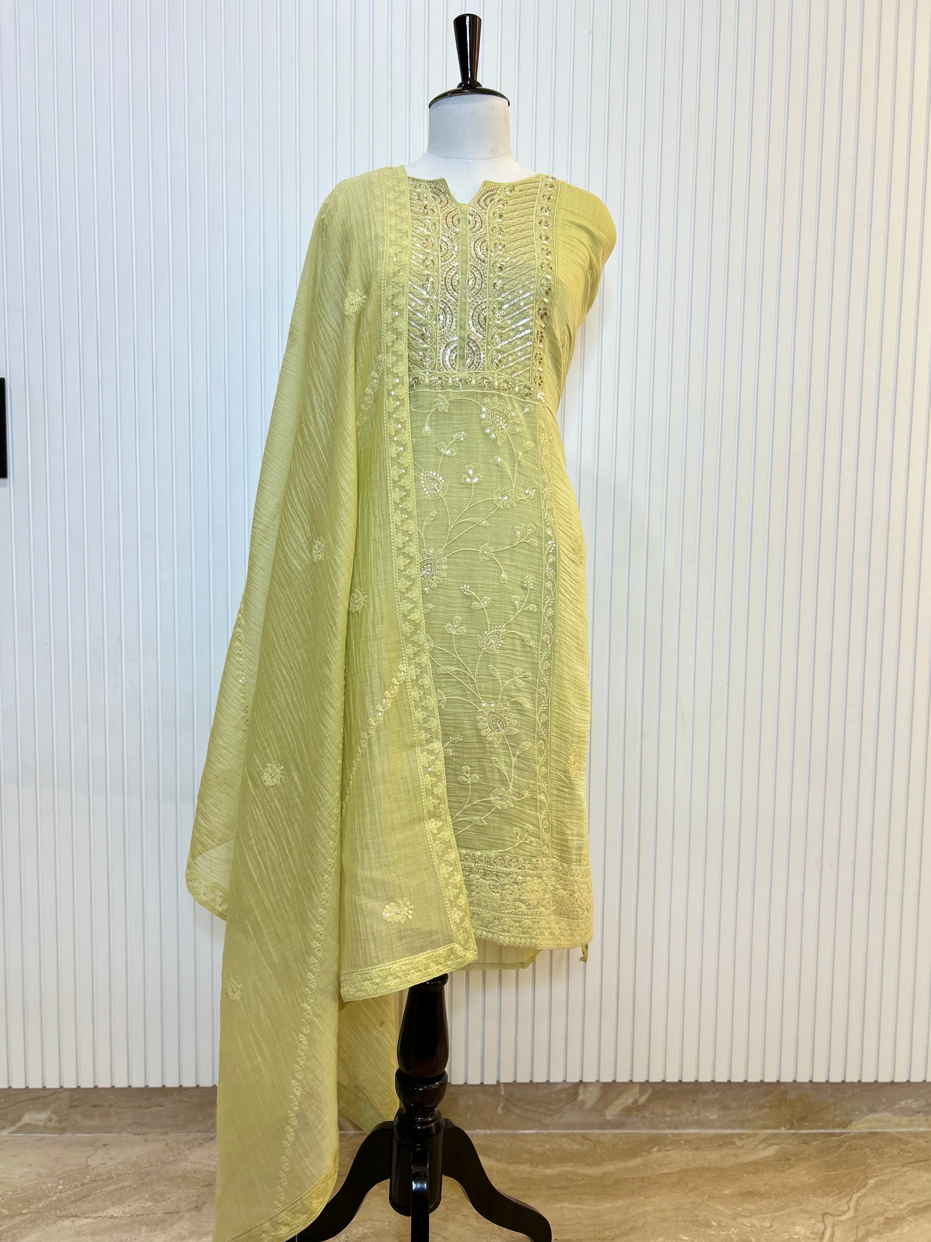 Mul Cotton Embroidered Unstitched Suit Set with Beads Work Neck And Embroidered Mul Cotton Dupatta | Premium Ethnic Wear Material for Women