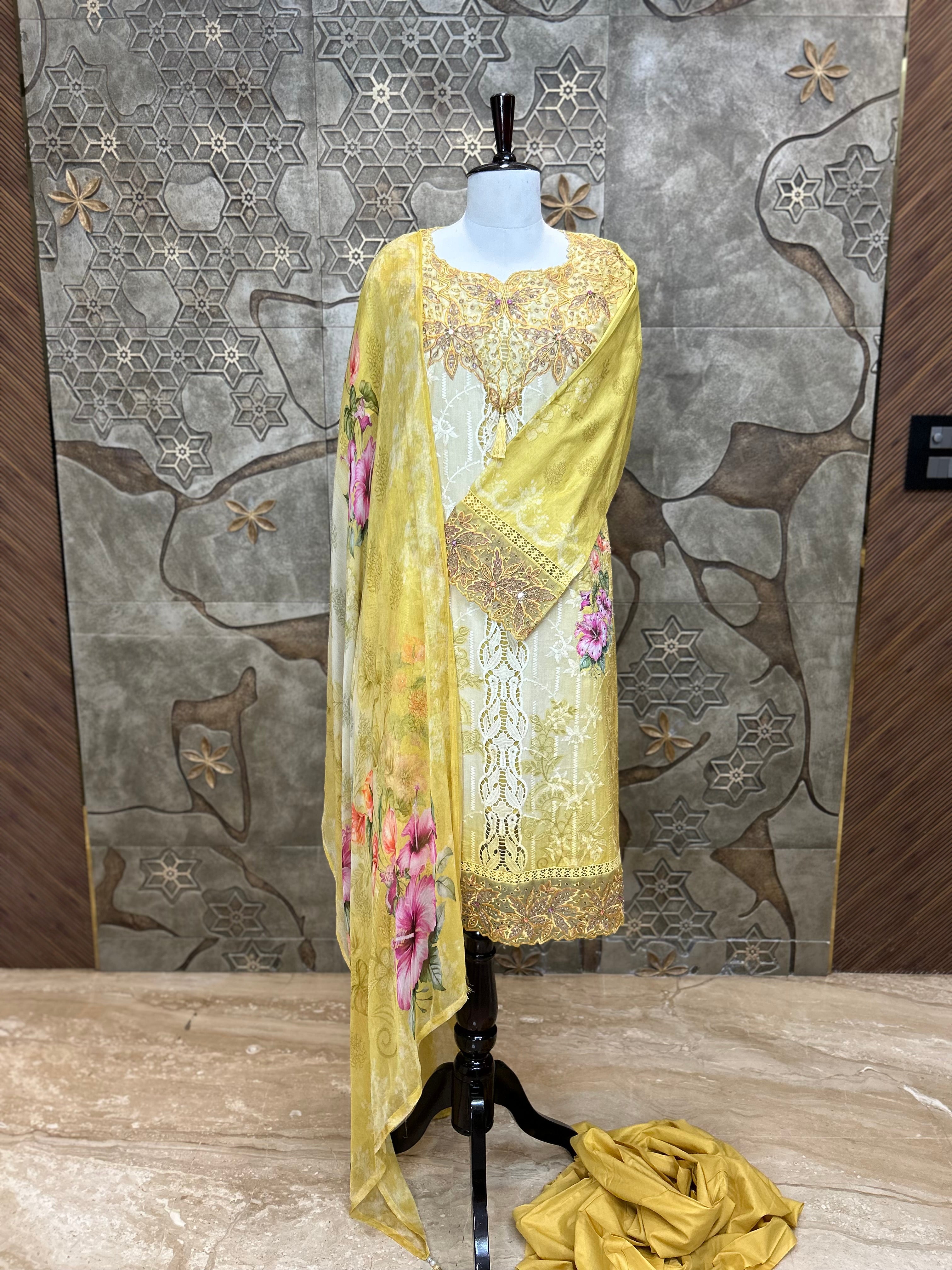 Pakistani Style Cambric Unstitched Suit | Digital Print Front & Back | Thread Embroidery And Boring Work | Lacework on Sleeves & Ghera | Digital Print Chiffon Dupatta | Ethnic Wear for Women