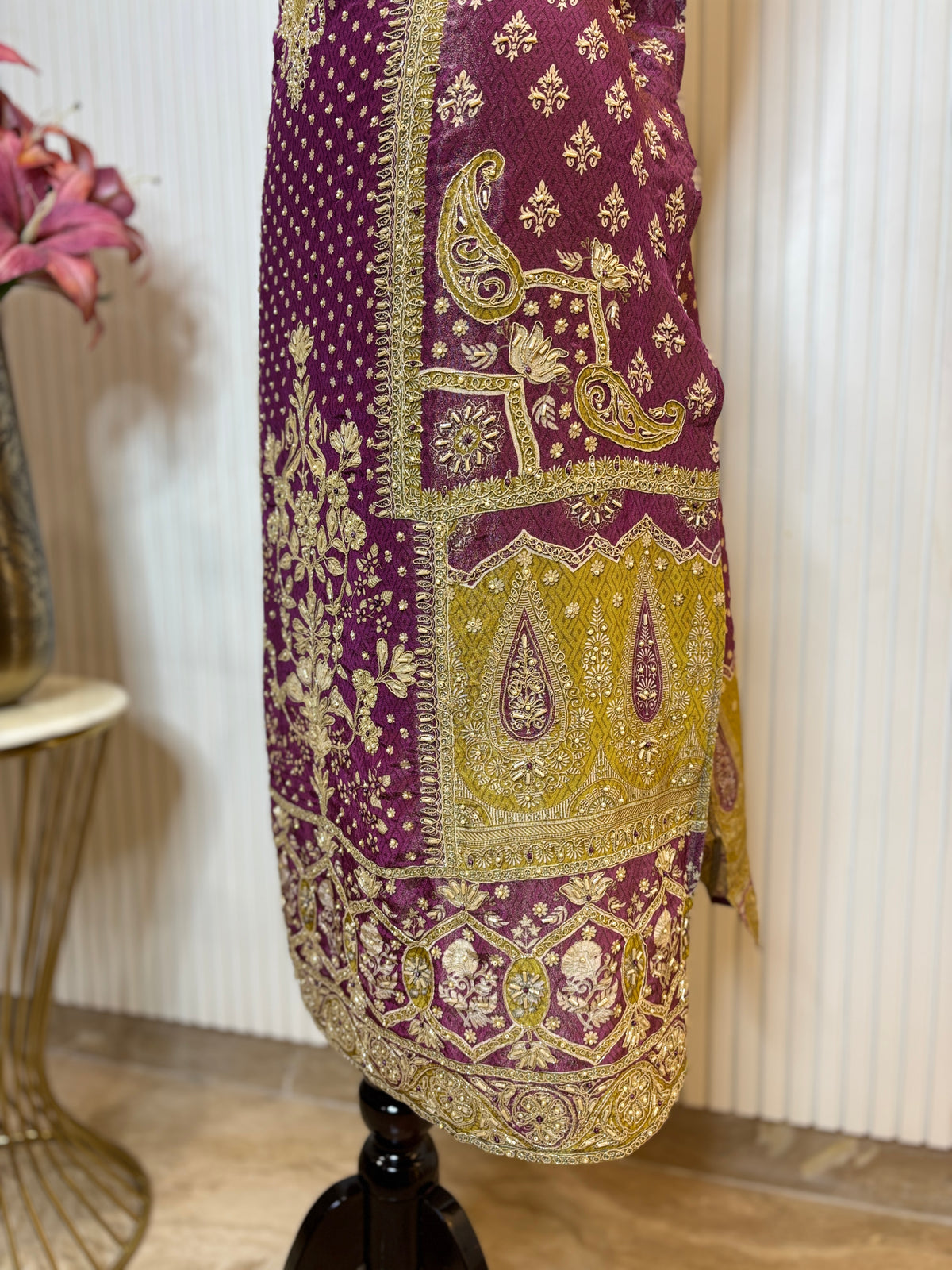 Shimmer Front & Back Printed Unstitched Suit with Dori Embroidery & Beads Work Paired with Digital Print Shimmer Dupatta