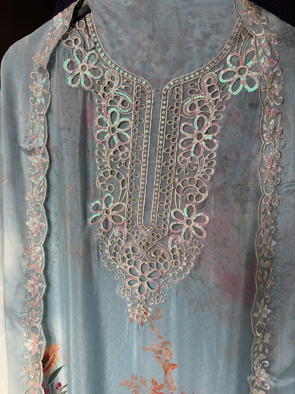 Women's Chinon Fabric Unstitched Suit | Botanical Floral Digital Print Front & Back With Sequin Floral Cutwork Neck, Ghera and Sleeves Paired With Matching Chinon Embroidered Dupatta