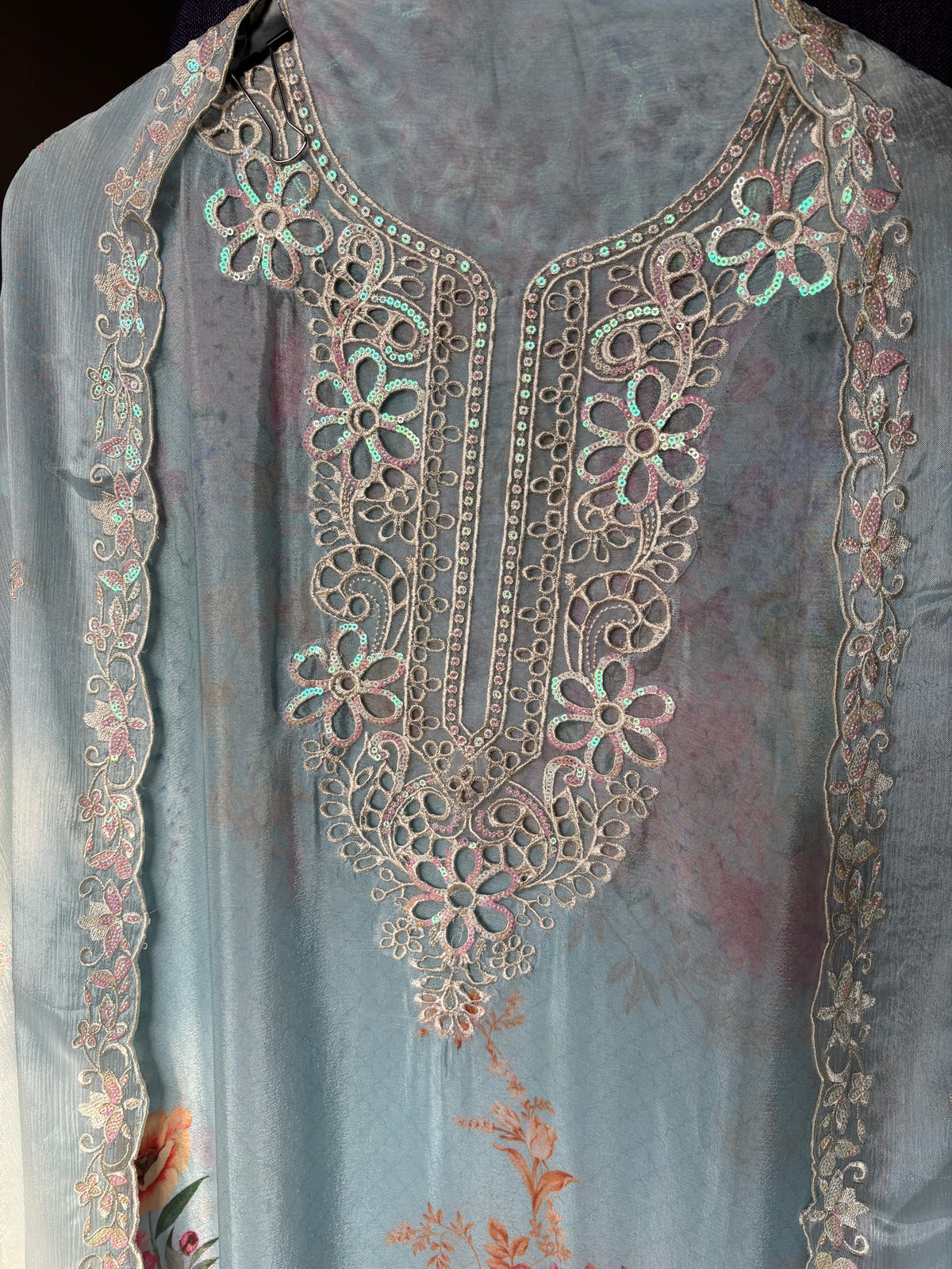 Women's Chinon Fabric Unstitched Suit | Botanical Floral Digital Print Front & Back With Sequin Floral Cutwork Neck, Ghera and Sleeves Paired With Matching Chinon Embroidered Dupatta