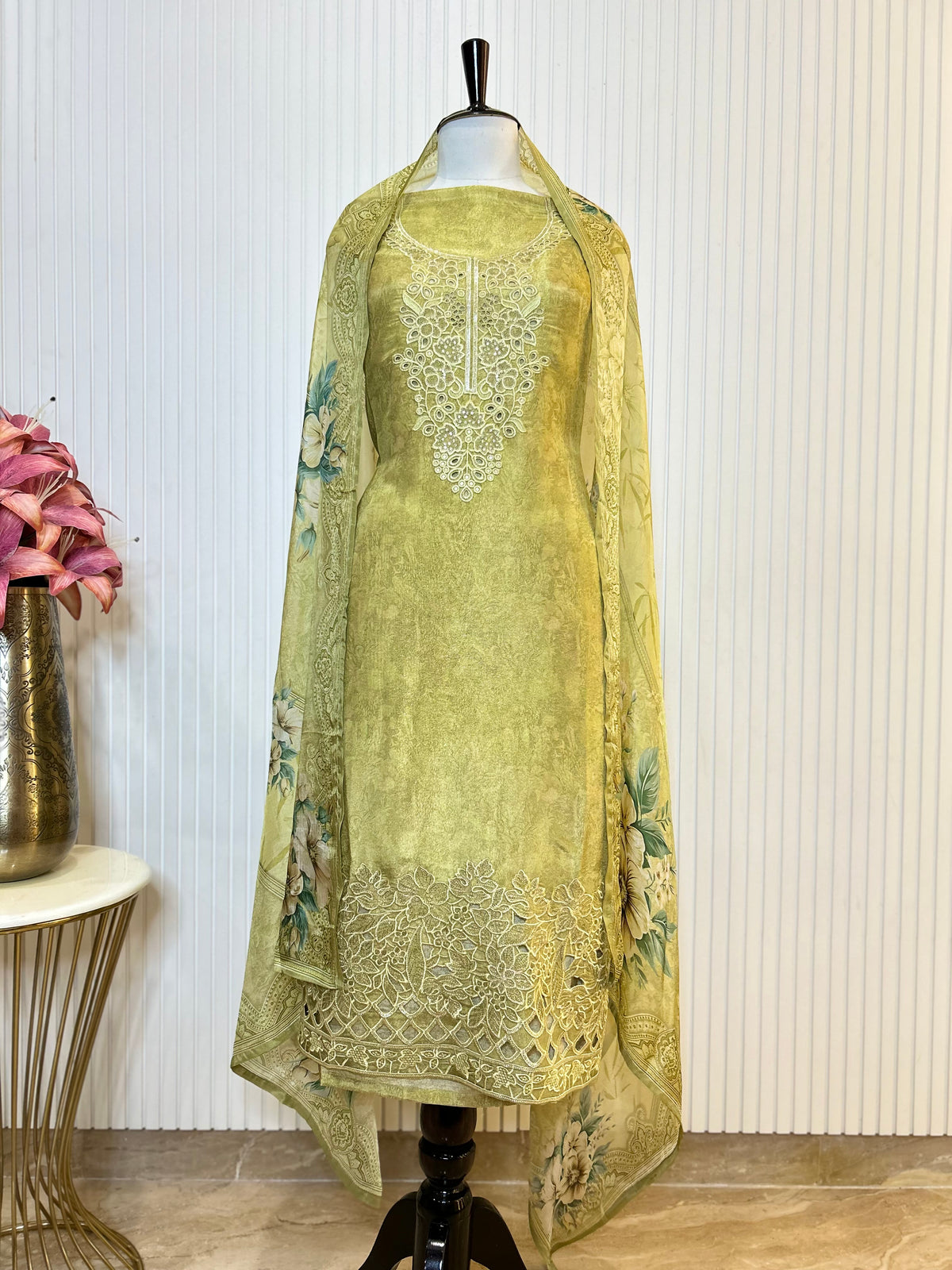 Shimmer Unstitched Printed Suit with Embroidered, Boring And Sequins Work Neck And Embroidered Cutwork Ghera Paired With Digitally Printed Tabby Dupatta