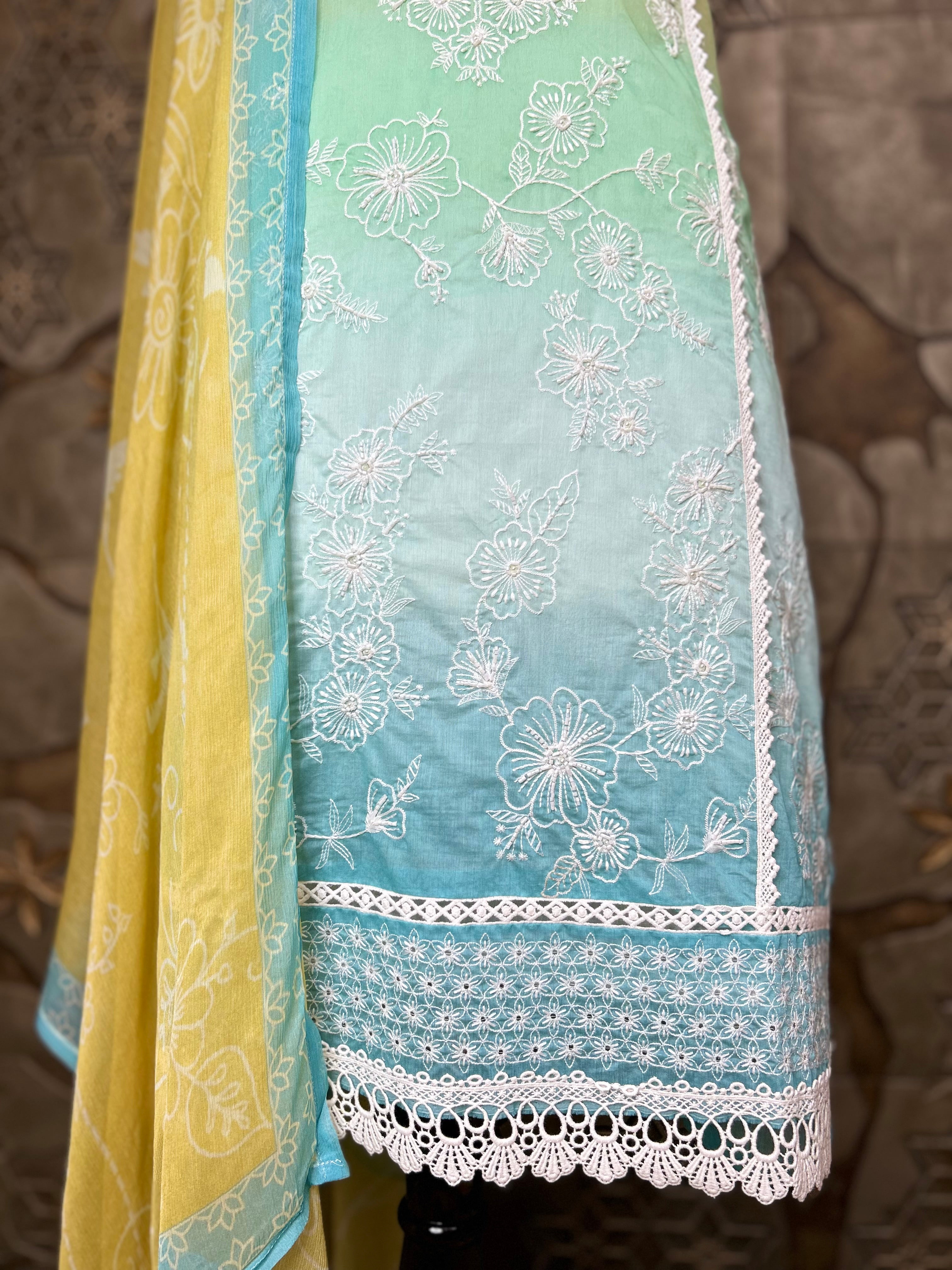 Ombre Shade Mul Cotton Unstitched Suit | Floral Thread Embroidery & Cutdana Handwork | Lacework Ghera and Sleeves | Digital Print Back And Chiffon Dupatta