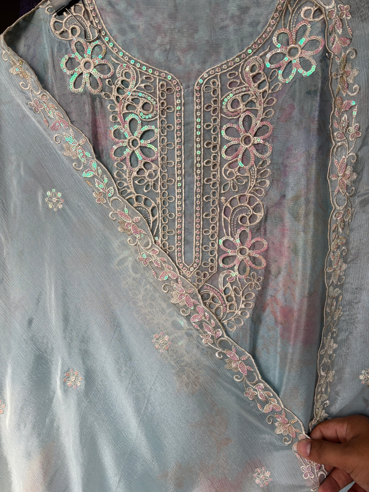 Women's Chinon Fabric Unstitched Suit | Botanical Floral Digital Print Front & Back With Sequin Floral Cutwork Neck, Ghera and Sleeves Paired With Matching Chinon Embroidered Dupatta