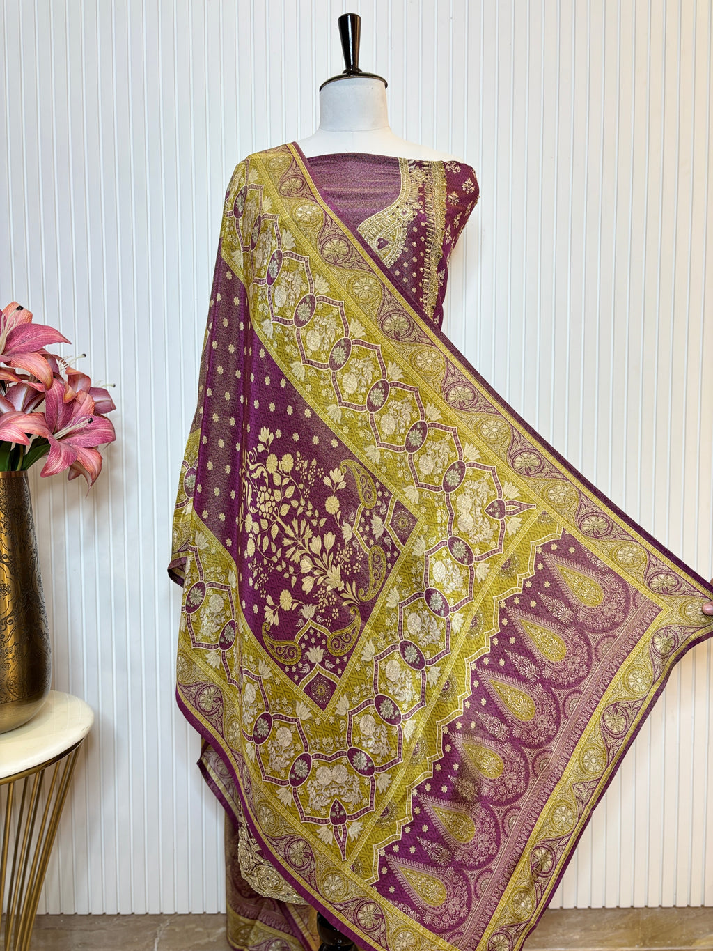 Shimmer Front & Back Printed Unstitched Suit with Dori Embroidery & Beads Work Paired with Digital Print Shimmer Dupatta