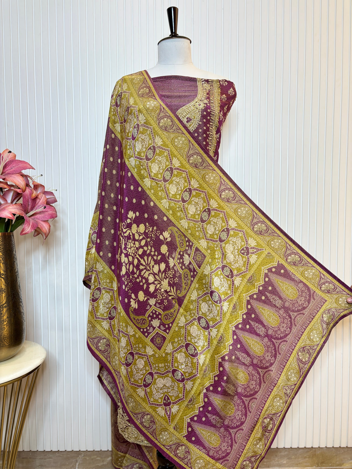 Shimmer Front & Back Printed Unstitched Suit with Dori Embroidery & Beads Work Paired with Digital Print Shimmer Dupatta