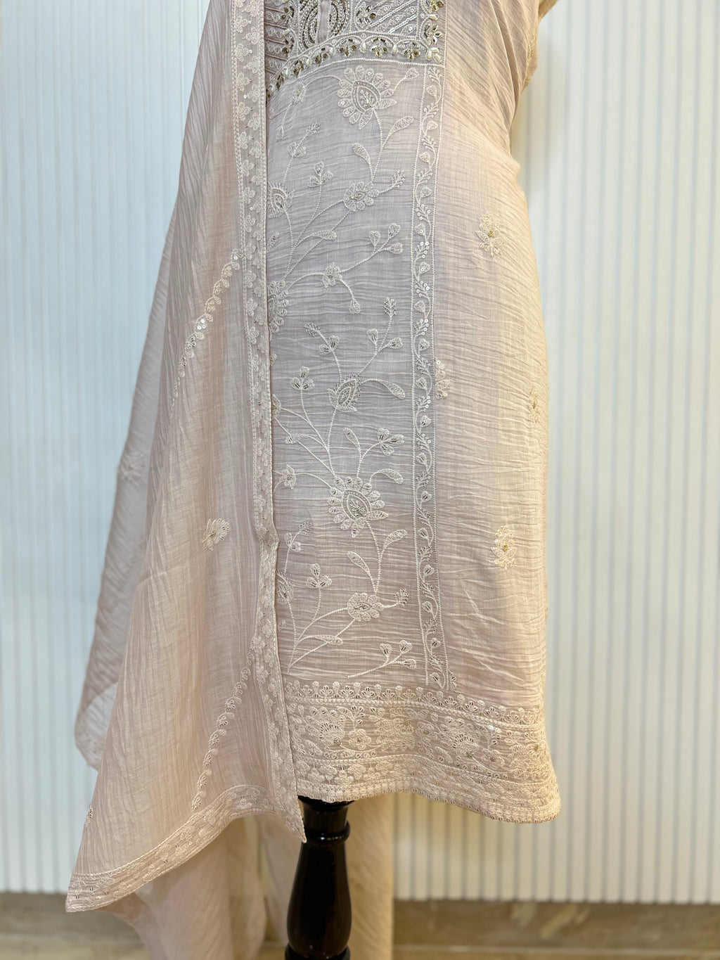 Mul Cotton Embroidered Unstitched Suit Set with Beads Work Neck And Embroidered Mul Cotton Dupatta | Premium Ethnic Wear Material for Women