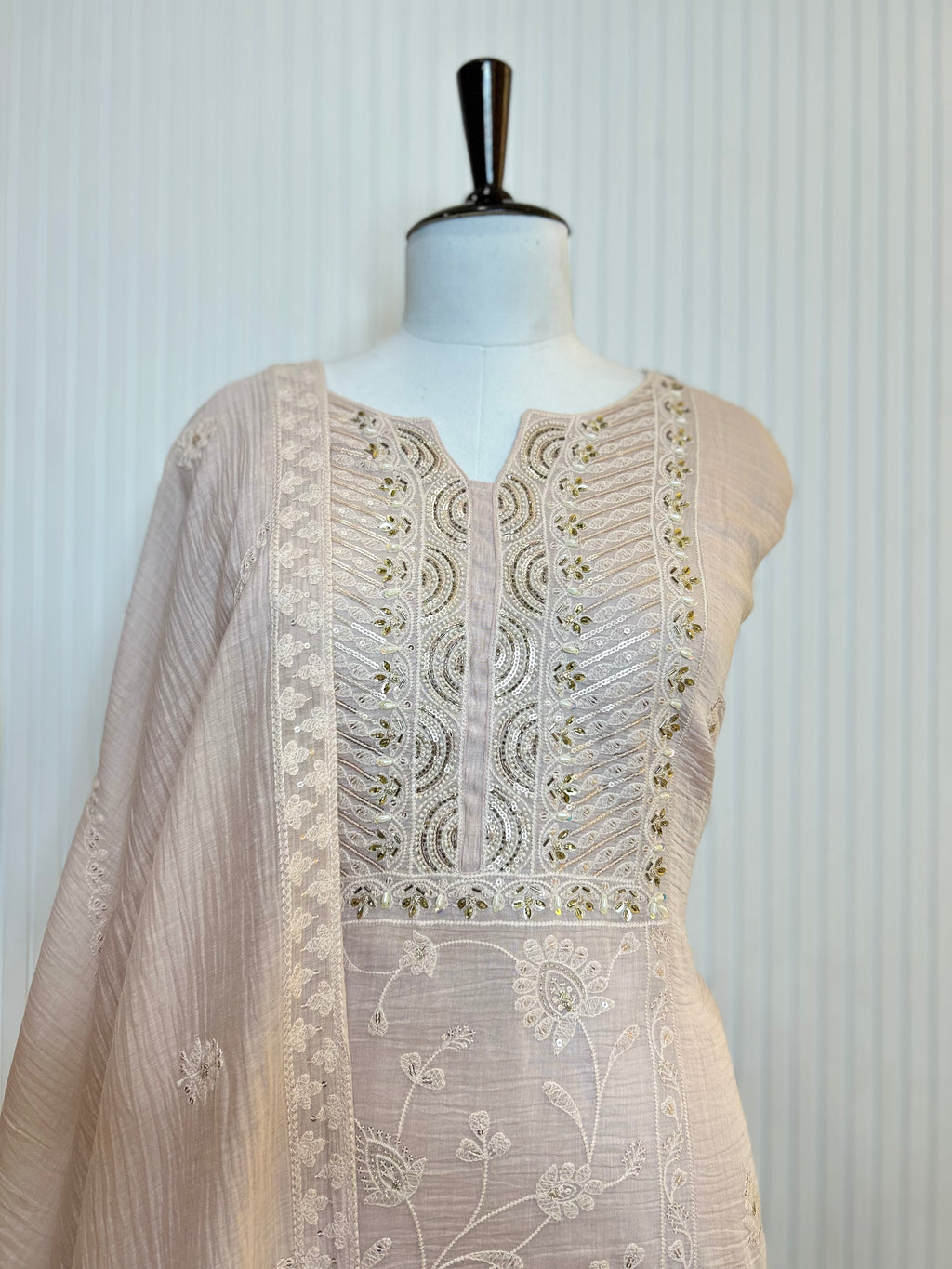 Mul Cotton Embroidered Unstitched Suit Set with Beads Work Neck And Embroidered Mul Cotton Dupatta | Premium Ethnic Wear Material for Women