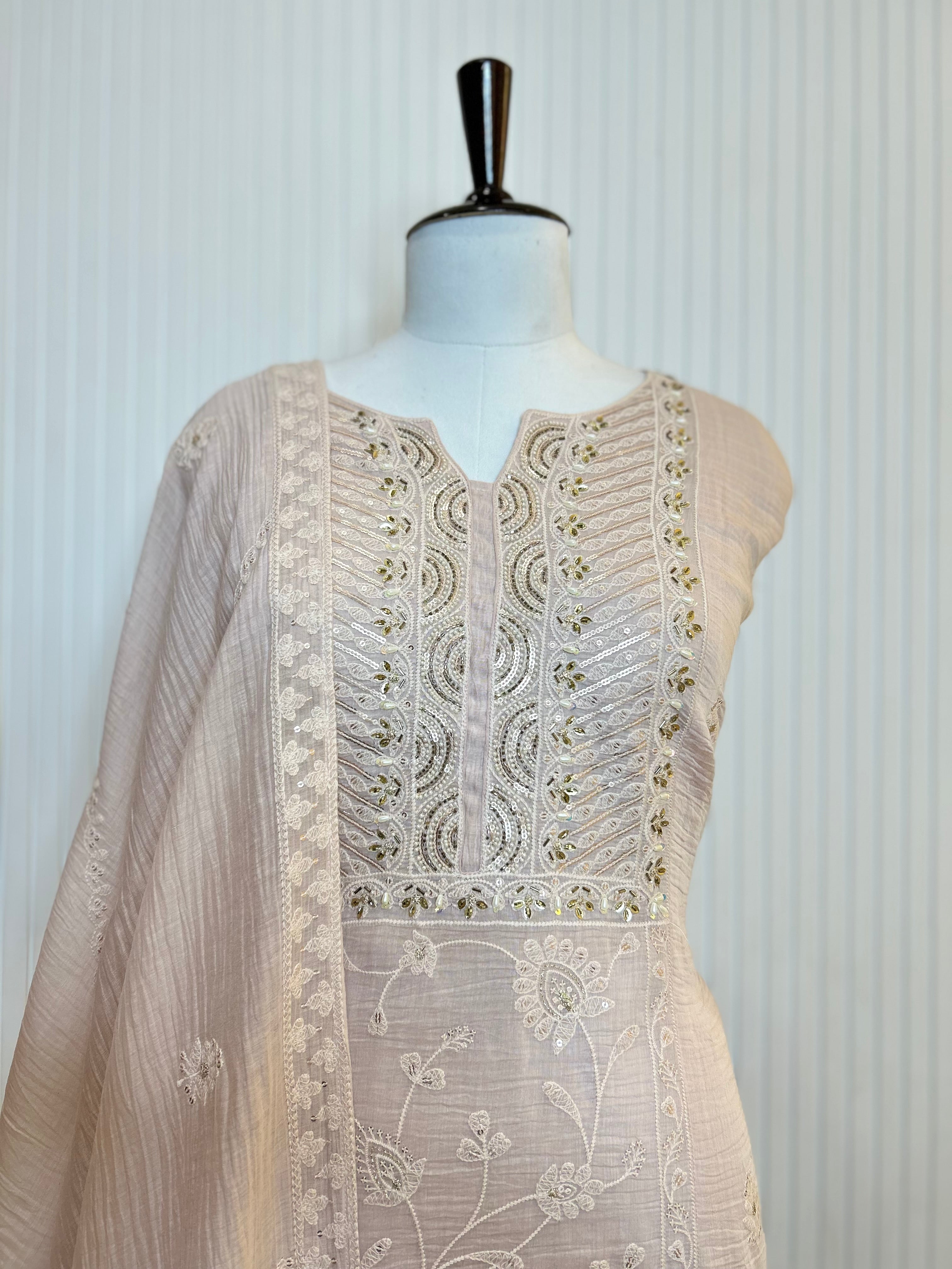 Mul Cotton Embroidered Unstitched Suit Set with Beads Work Neck And Embroidered Mul Cotton Dupatta | Premium Ethnic Wear Material for Women