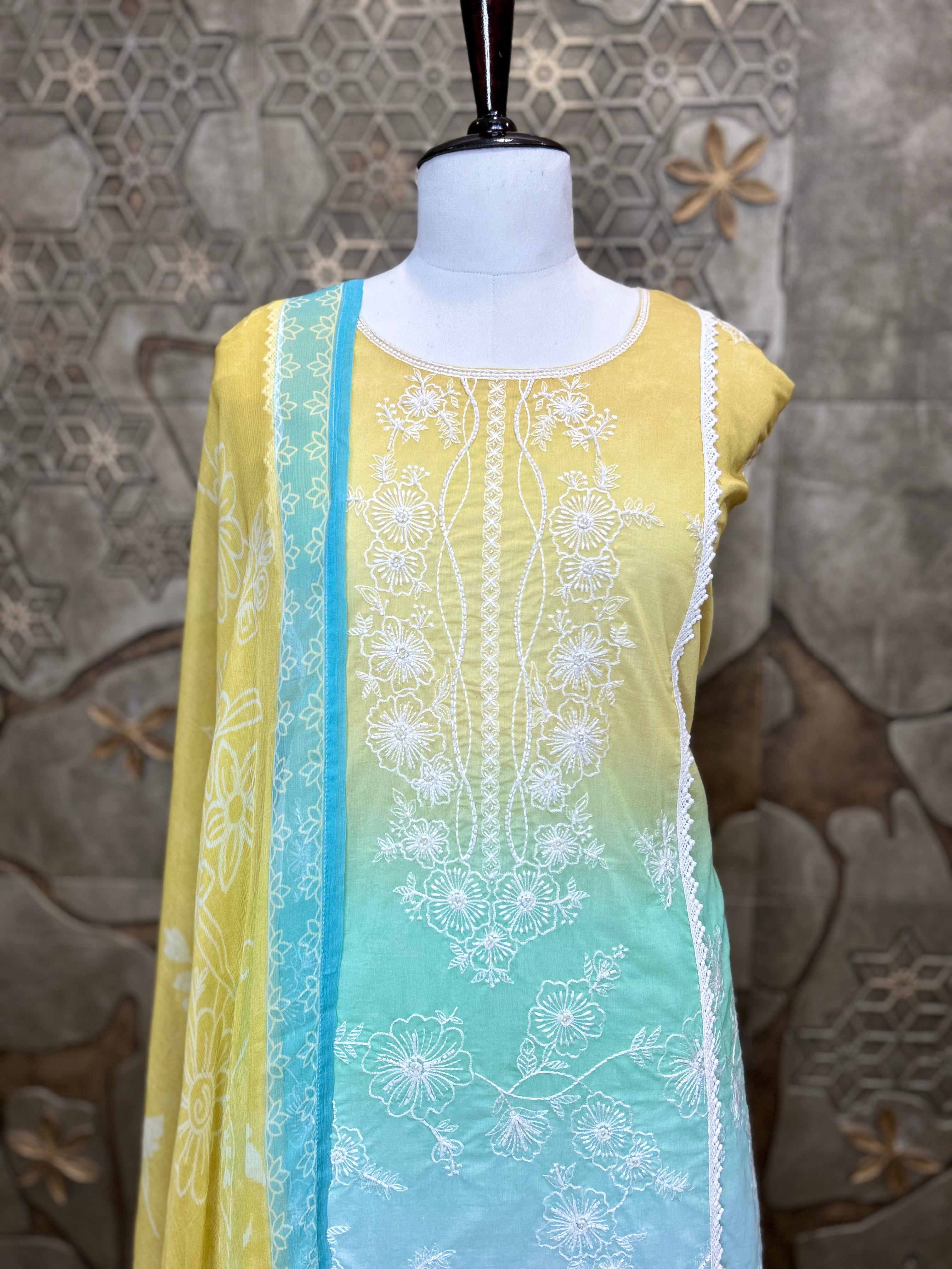 Ombre Shade Mul Cotton Unstitched Suit | Floral Thread Embroidery & Cutdana Handwork | Lacework Ghera and Sleeves | Digital Print Back And Chiffon Dupatta