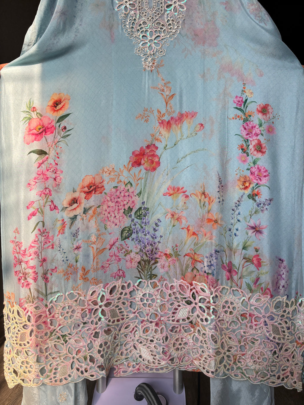 Women's Chinon Fabric Unstitched Suit | Botanical Floral Digital Print Front & Back With Sequin Floral Cutwork Neck, Ghera and Sleeves Paired With Matching Chinon Embroidered Dupatta