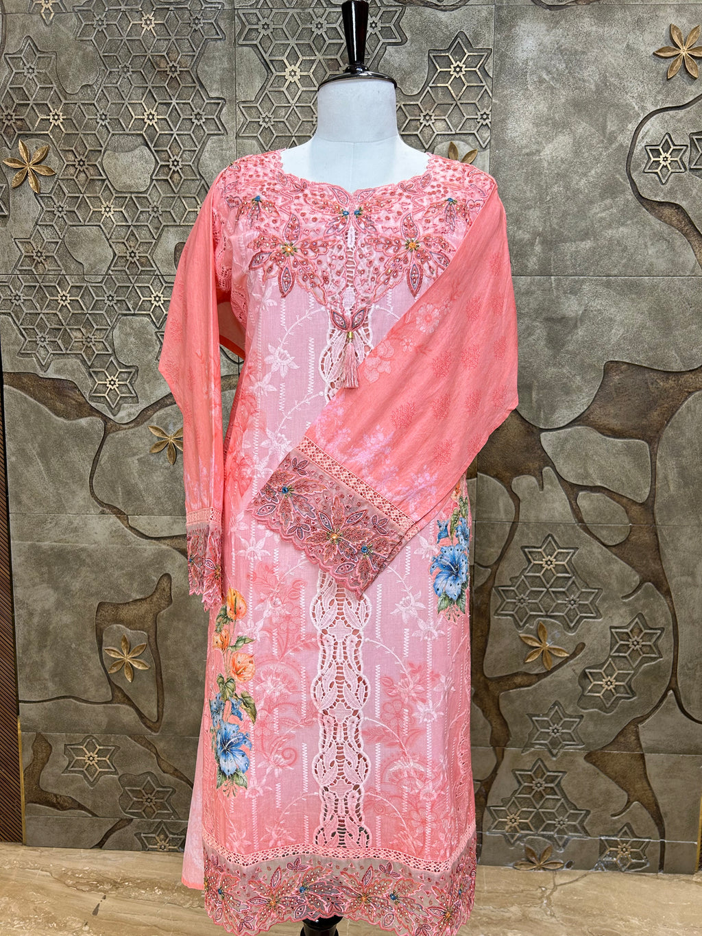 Pakistani Style Cambric Unstitched Suit | Digital Print Front & Back | Thread Embroidery And Boring Work | Lacework on Sleeves & Ghera | Digital Print Chiffon Dupatta | Ethnic Wear for Women