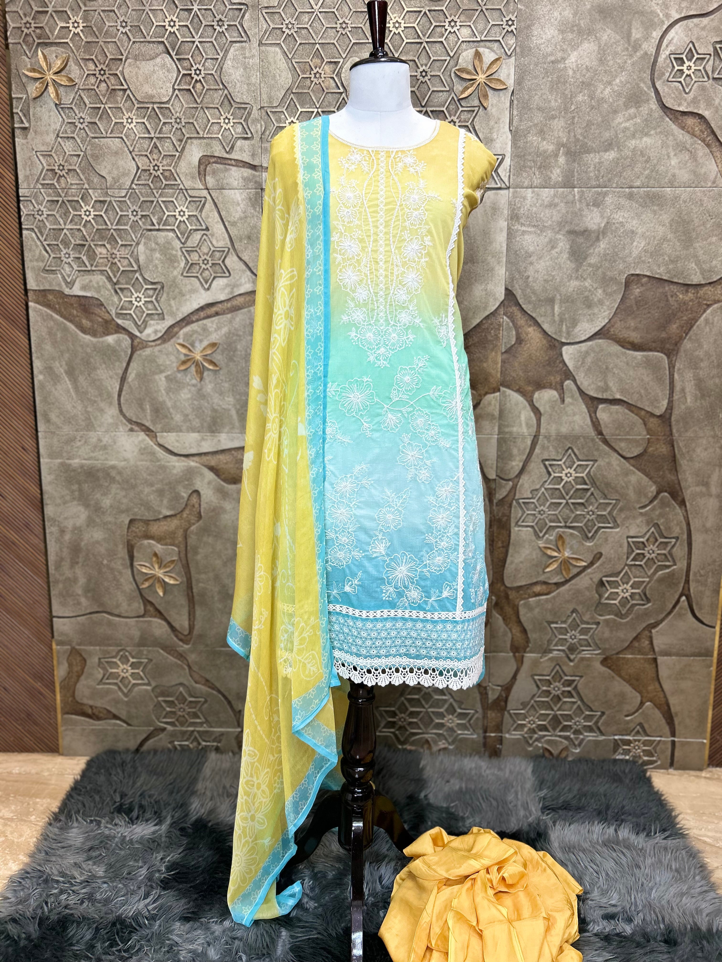 Ombre Shade Mul Cotton Unstitched Suit | Floral Thread Embroidery & Cutdana Handwork | Lacework Ghera and Sleeves | Digital Print Back And Chiffon Dupatta