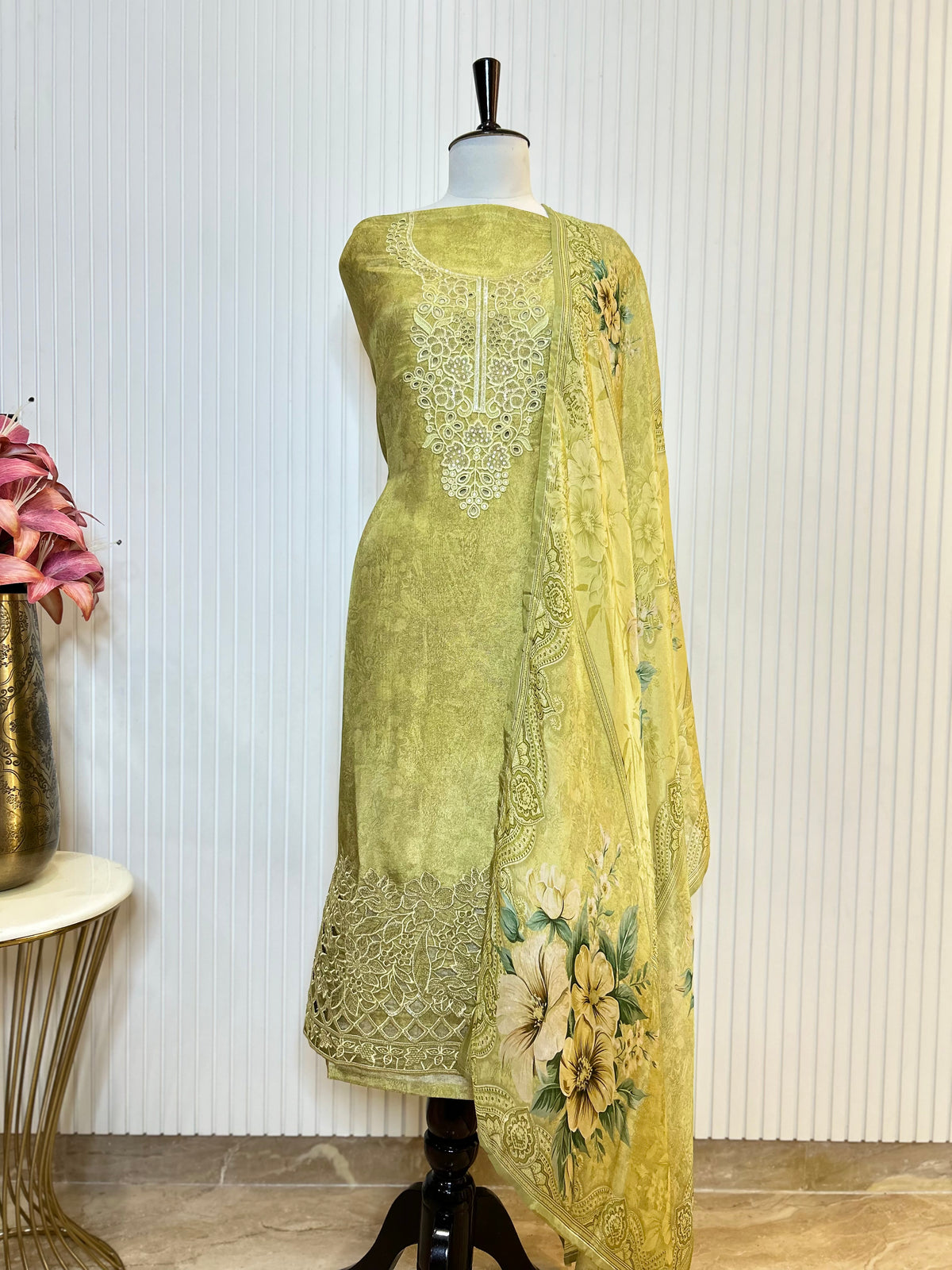 Shimmer Unstitched Printed Suit with Embroidered, Boring And Sequins Work Neck And Embroidered Cutwork Ghera Paired With Digitally Printed Tabby Dupatta