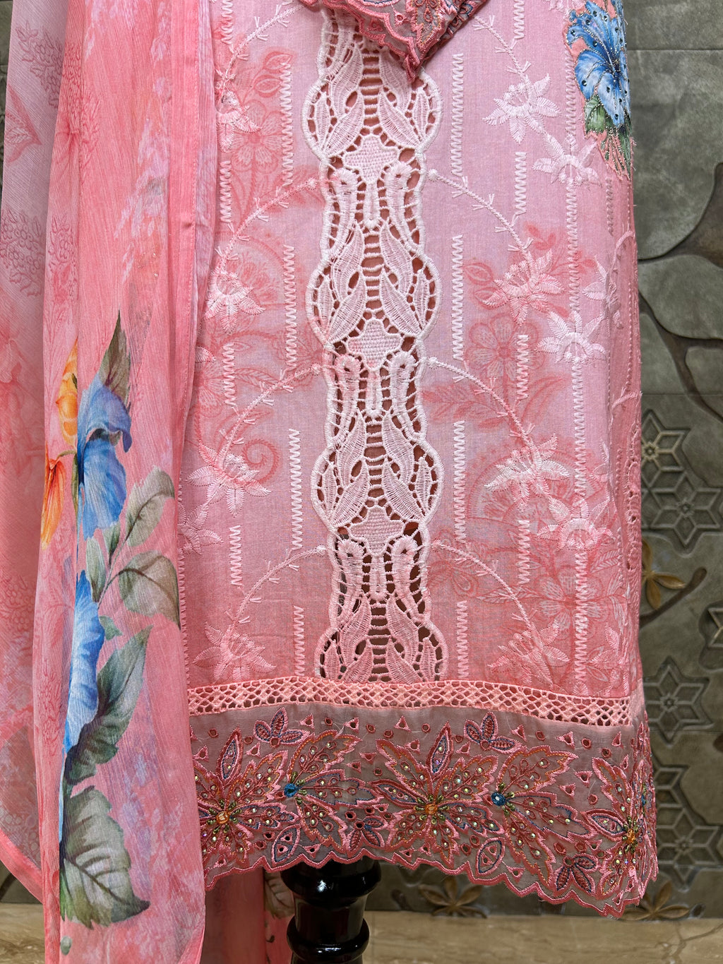 Pakistani Style Cambric Unstitched Suit | Digital Print Front & Back | Thread Embroidery And Boring Work | Lacework on Sleeves & Ghera | Digital Print Chiffon Dupatta | Ethnic Wear for Women