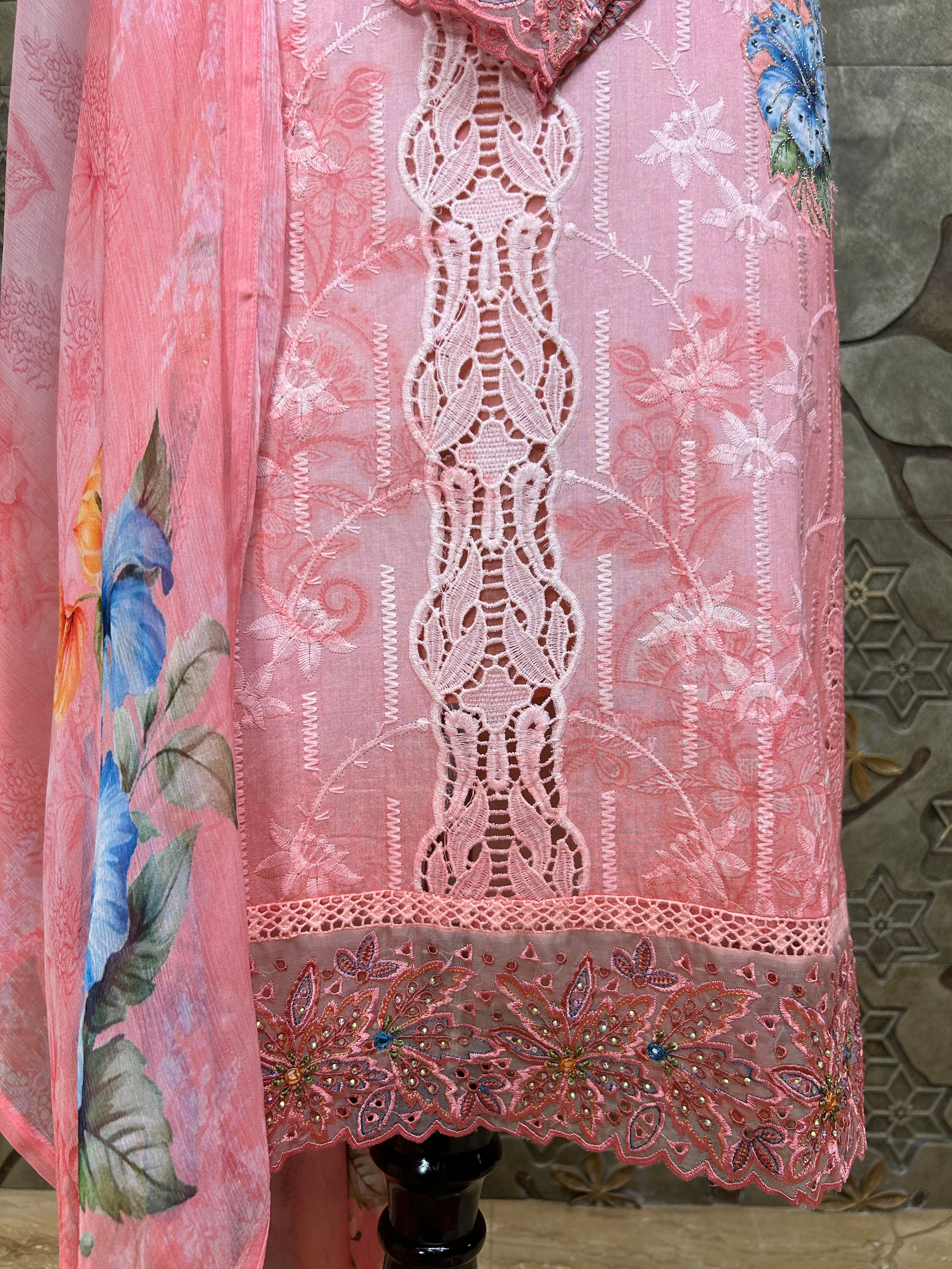 Pakistani Style Cambric Unstitched Suit | Digital Print Front & Back | Thread Embroidery And Boring Work | Lacework on Sleeves & Ghera | Digital Print Chiffon Dupatta | Ethnic Wear for Women