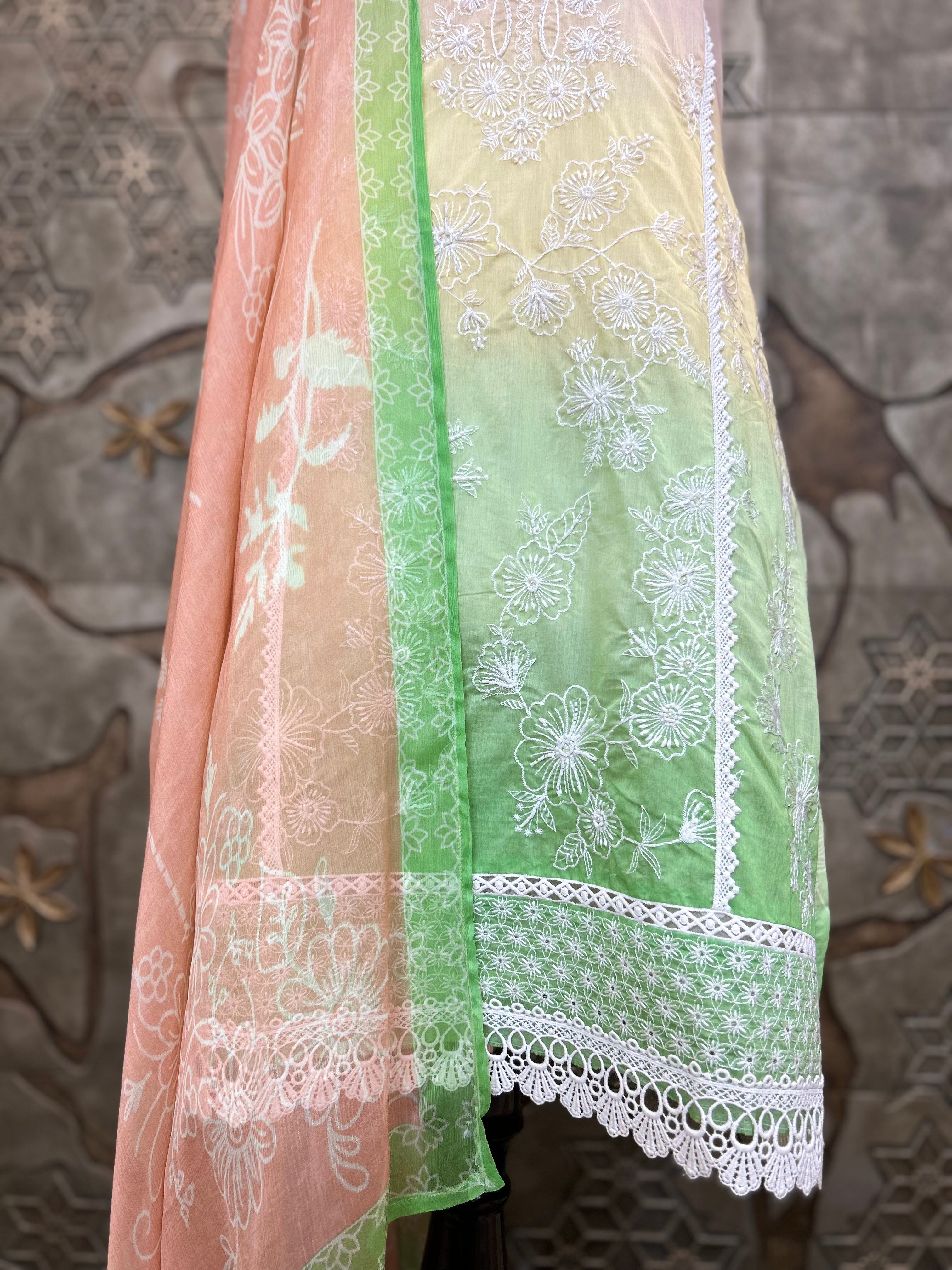 Ombre Shade Mul Cotton Unstitched Suit | Floral Thread Embroidery & Cutdana Handwork | Lacework Ghera and Sleeves | Digital Print Back And Chiffon Dupatta