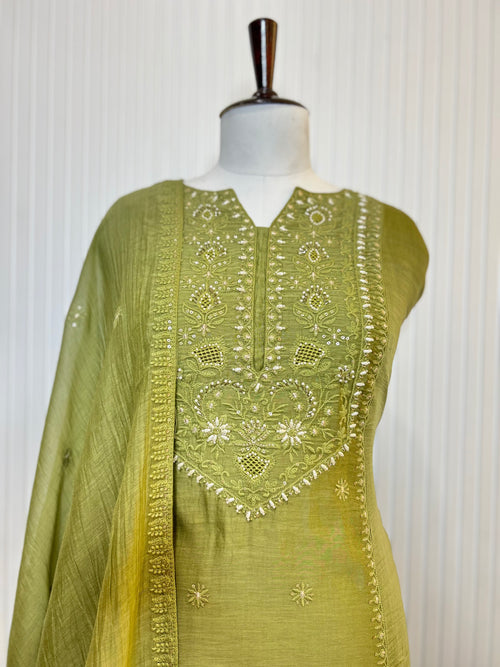 Mul Cotton Embroidered Unstitched Suit Set with Hand Beads Work & Embroidered Mul Cotton Dupatta | Premium Ethnic Salwar Suit Material for Women
