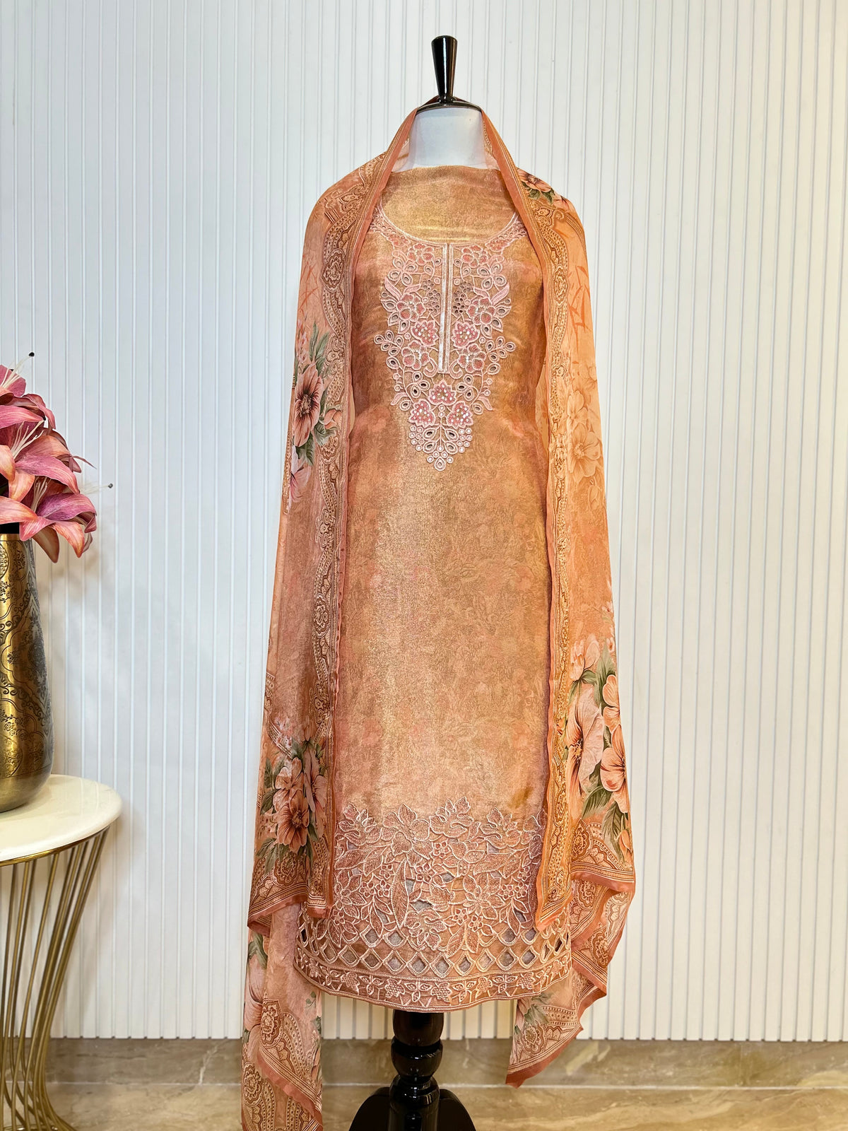 Shimmer Unstitched Printed Suit with Embroidered, Boring And Sequins Work Neck And Embroidered Cutwork Ghera Paired With Digitally Printed Tabby Dupatta