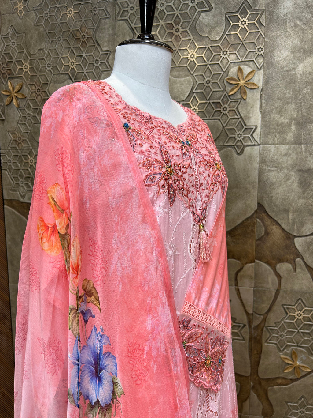 Pakistani Style Cambric Unstitched Suit | Digital Print Front & Back | Thread Embroidery And Boring Work | Lacework on Sleeves & Ghera | Digital Print Chiffon Dupatta | Ethnic Wear for Women