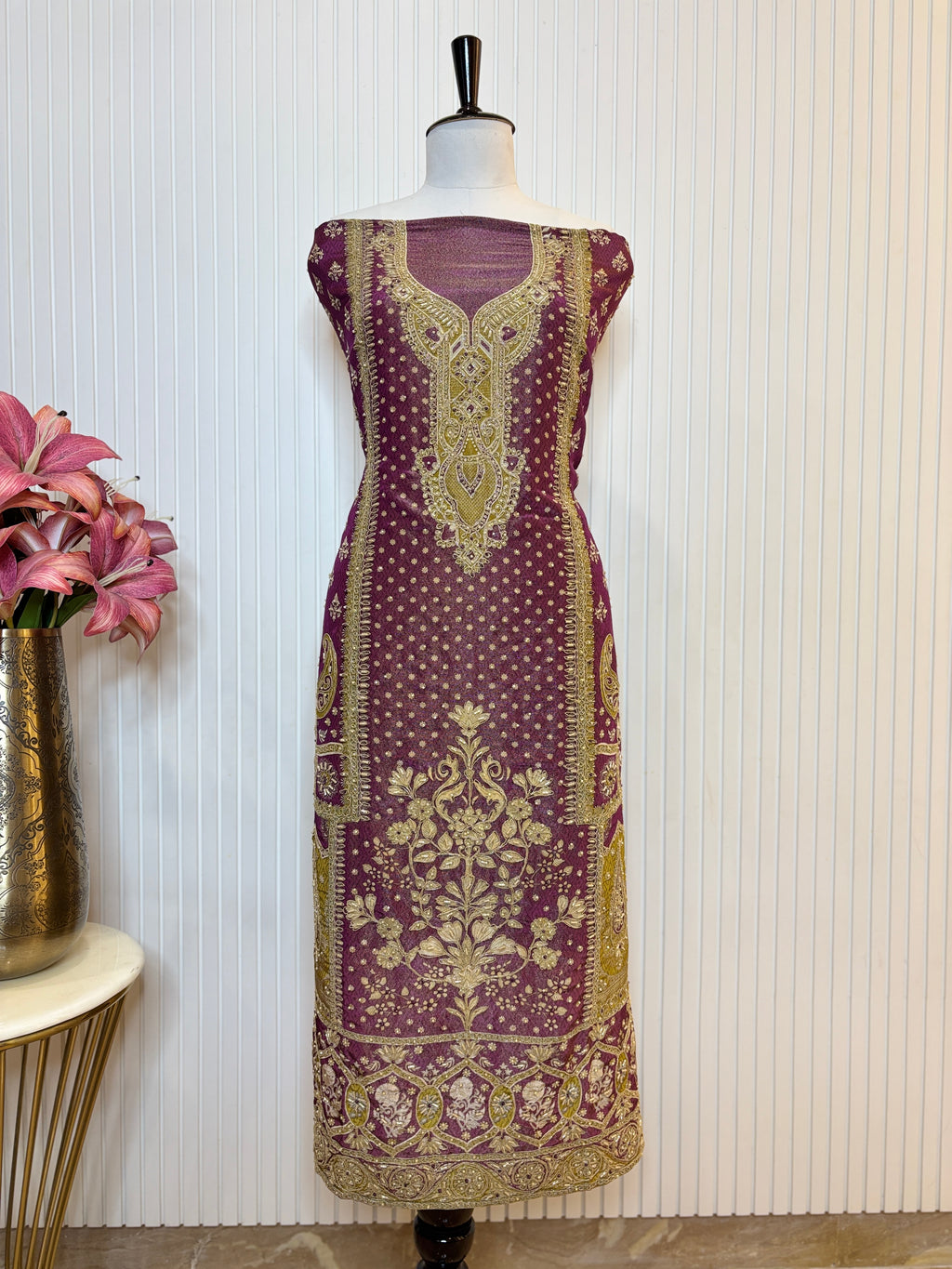 Shimmer Front & Back Printed Unstitched Suit with Dori Embroidery & Beads Work Paired with Digital Print Shimmer Dupatta