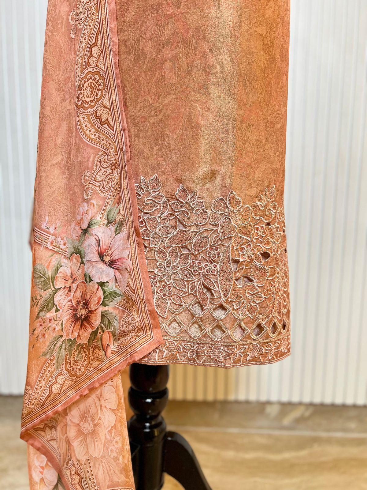 Shimmer Unstitched Printed Suit with Embroidered, Boring And Sequins Work Neck And Embroidered Cutwork Ghera Paired With Digitally Printed Tabby Dupatta