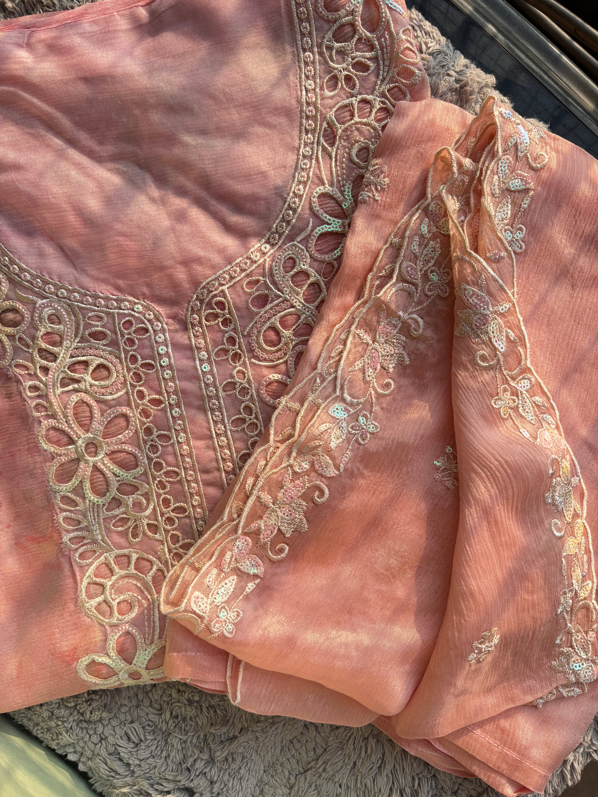 Women's Chinon Fabric Unstitched Suit | Botanical Floral Digital Print Front & Back With Sequin Floral Cutwork Neck, Ghera and Sleeves Paired With Matching Chinon Embroidered Dupatta
