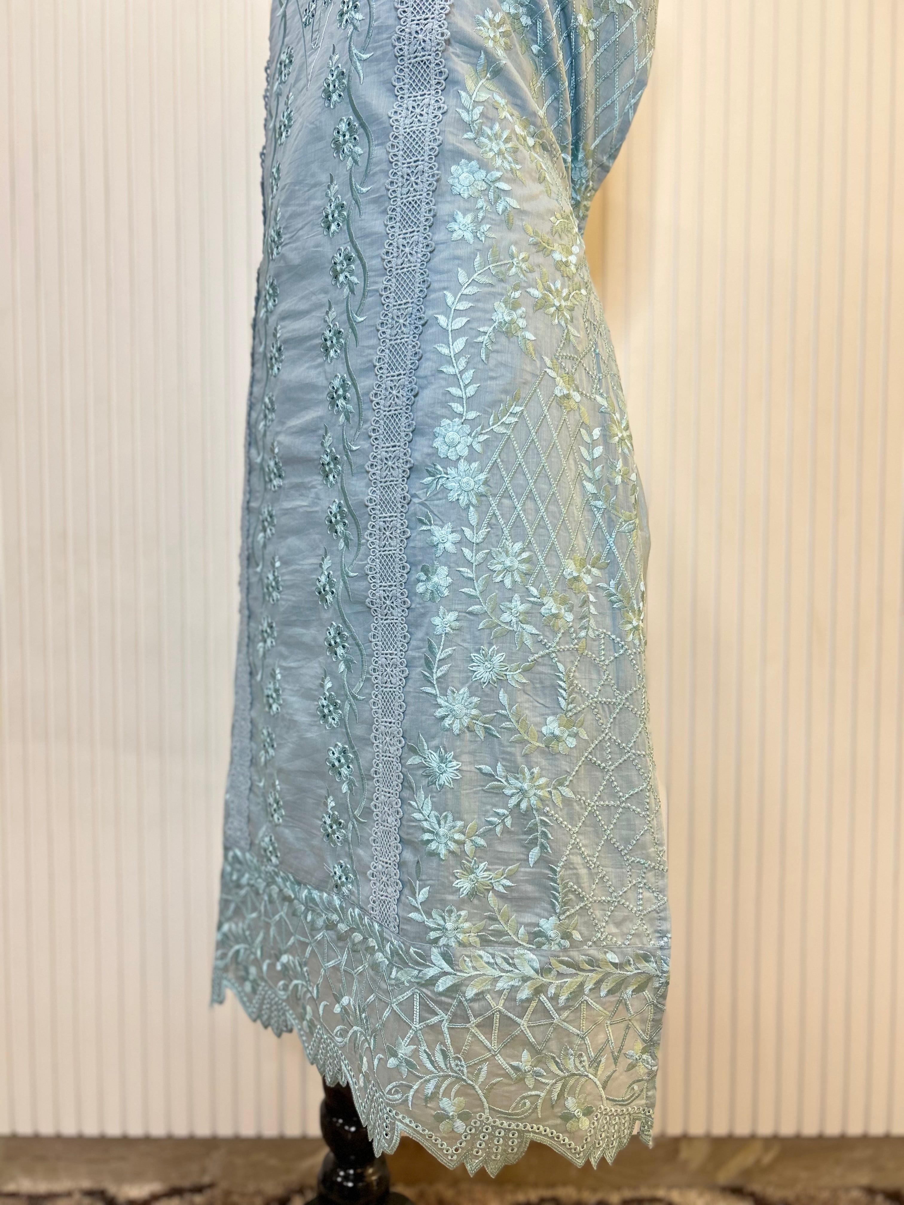 Muslin Cotton Unstitched Suit | All-Over Thread Floral Embroidery with Cutwork Scallop Ghera & Lace Panel Border | Pure Chiffon Digital Print Dupatta