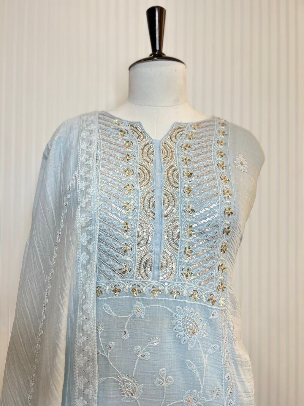 Mul Cotton Embroidered Unstitched Suit Set with Beads Work Neck And Embroidered Mul Cotton Dupatta | Premium Ethnic Wear Material for Women
