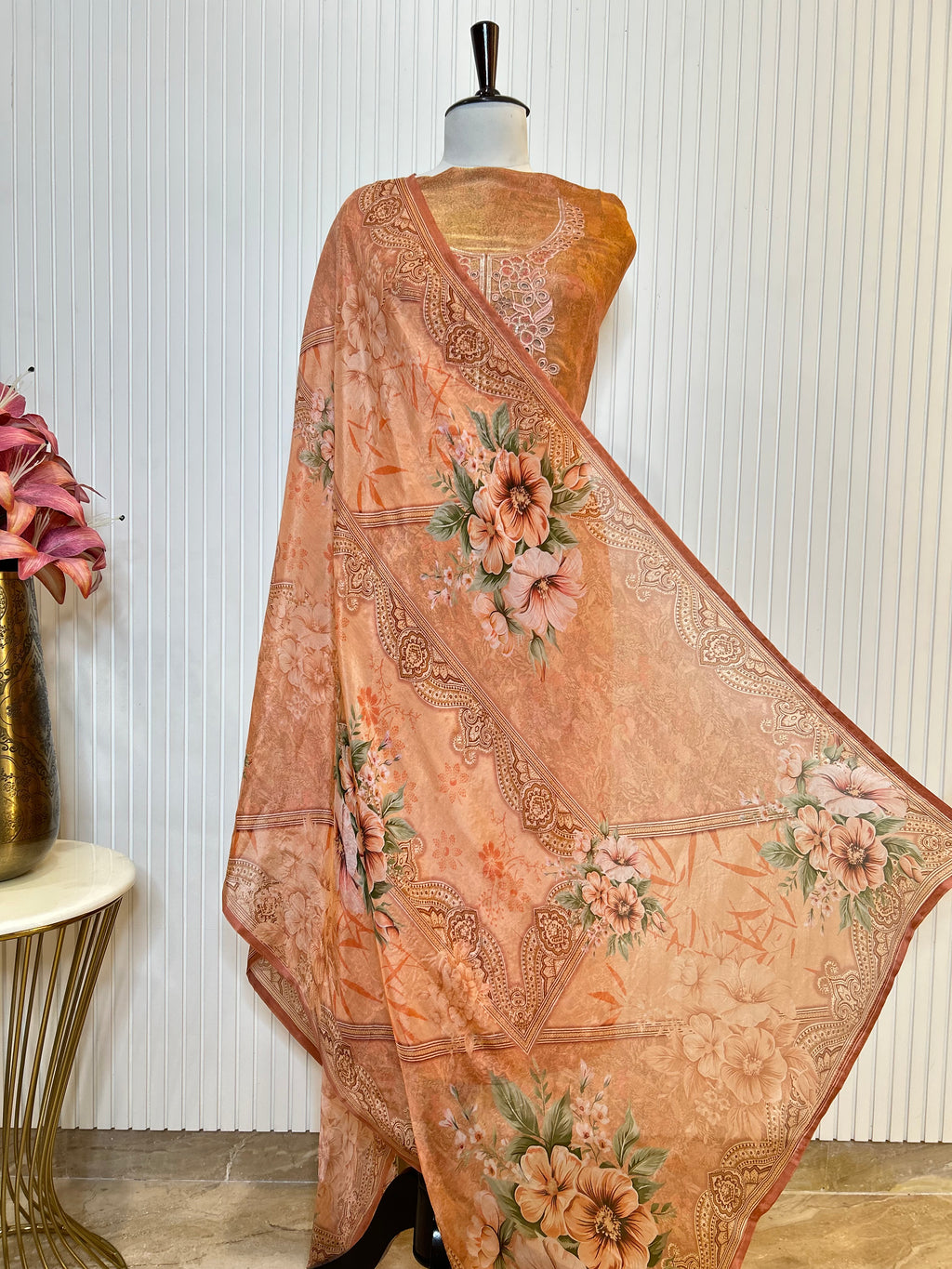 Shimmer Unstitched Printed Suit with Embroidered, Boring And Sequins Work Neck And Embroidered Cutwork Ghera Paired With Digitally Printed Tabby Dupatta