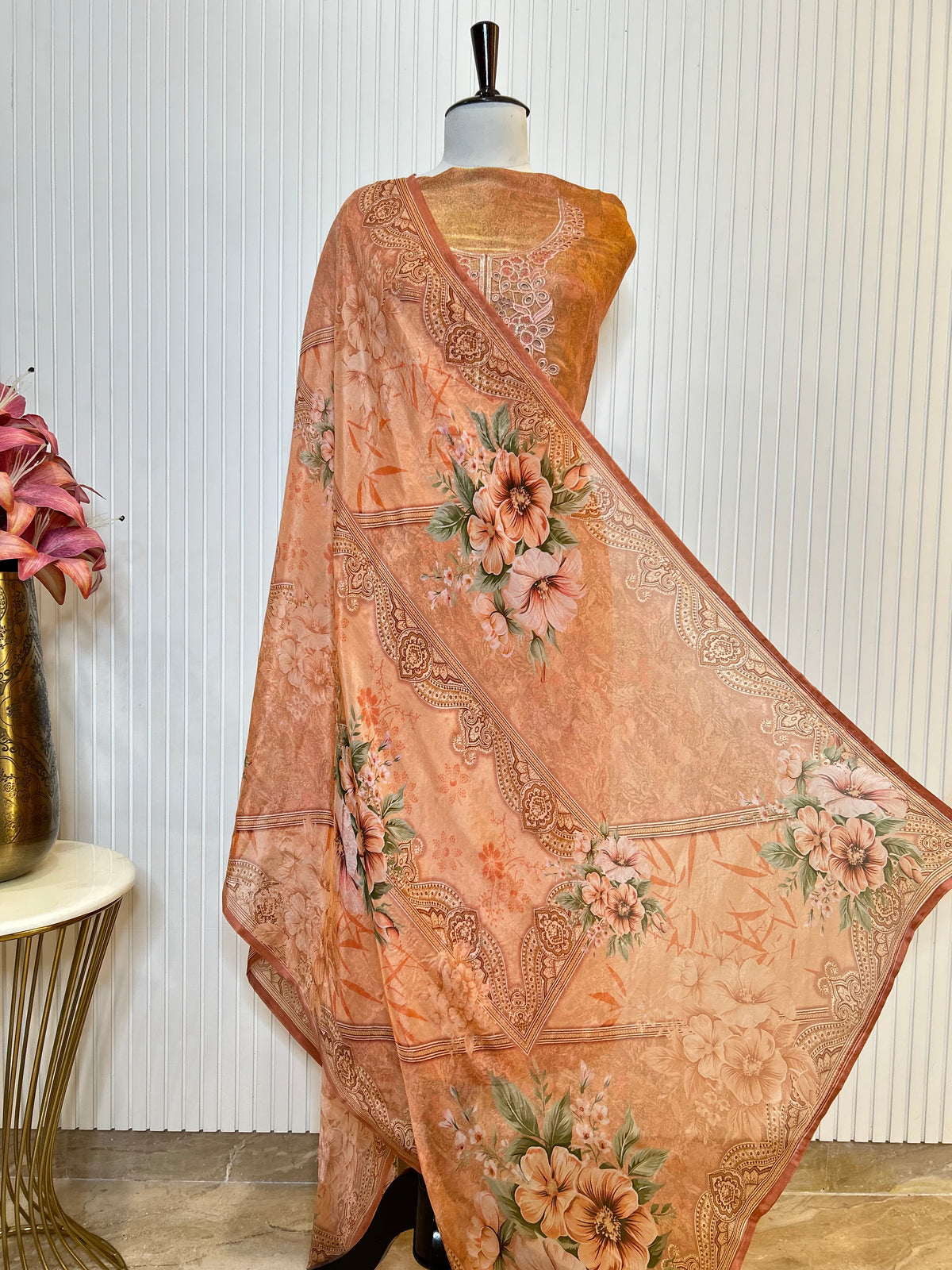 Shimmer Unstitched Printed Suit with Embroidered, Boring And Sequins Work Neck And Embroidered Cutwork Ghera Paired With Digitally Printed Tabby Dupatta