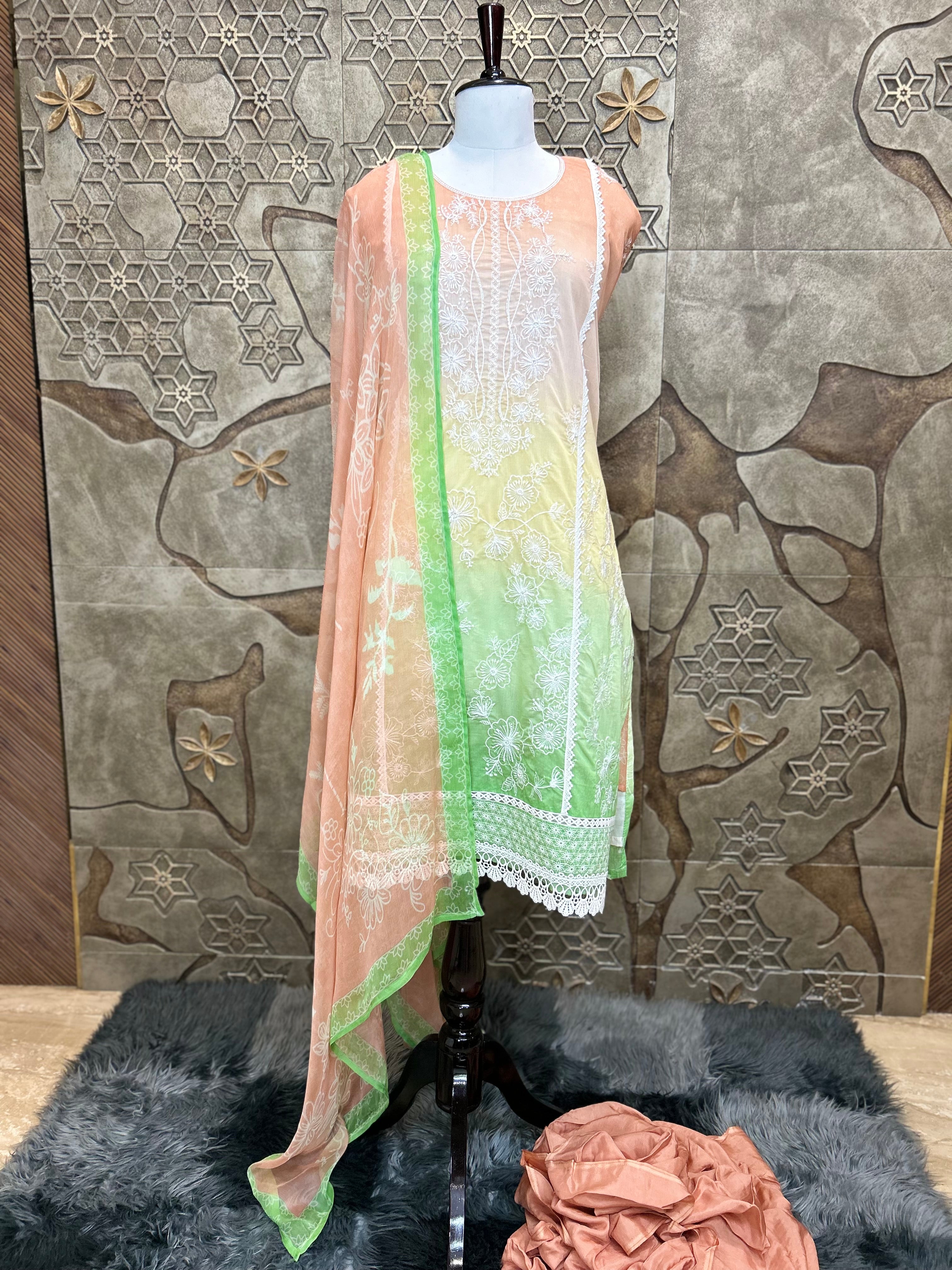 Ombre Shade Mul Cotton Unstitched Suit | Floral Thread Embroidery & Cutdana Handwork | Lacework Ghera and Sleeves | Digital Print Back And Chiffon Dupatta