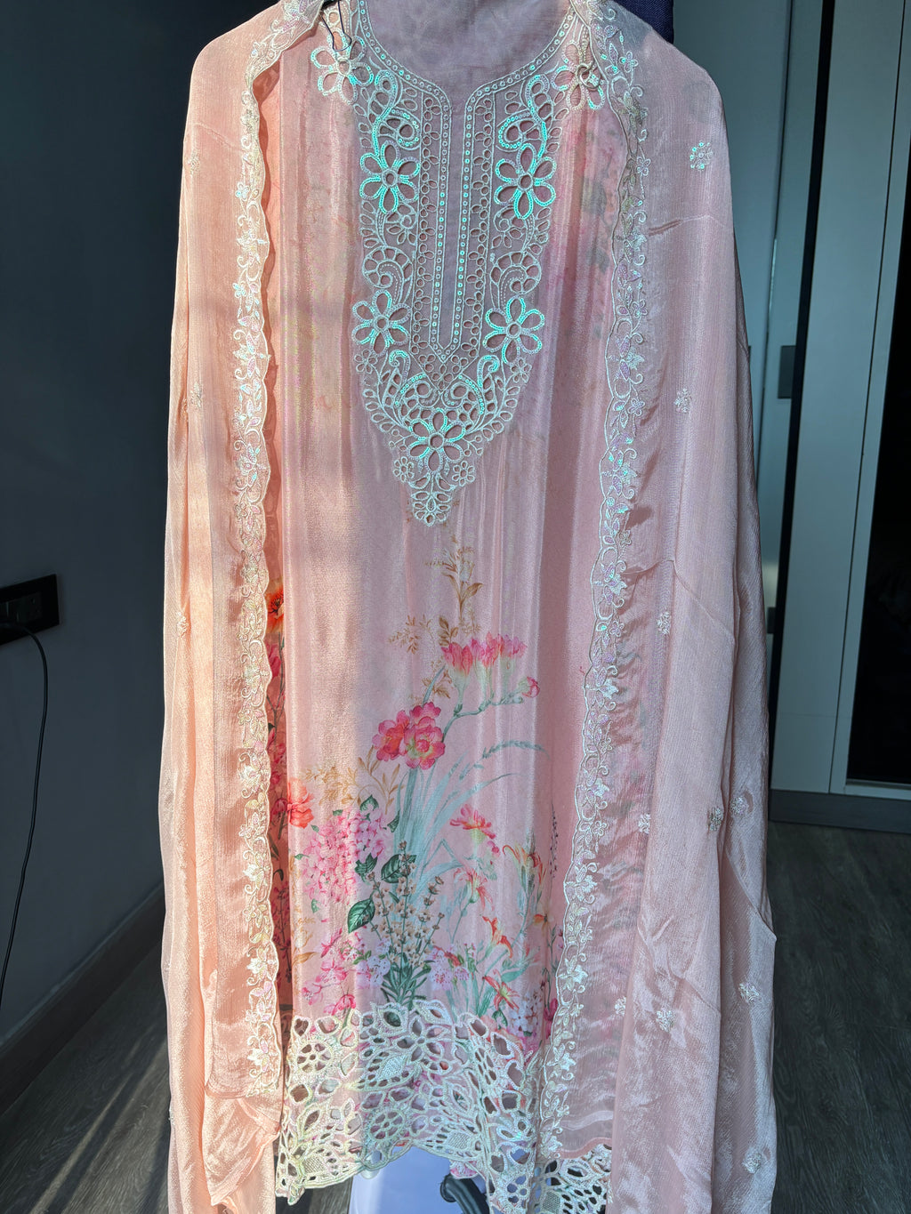 Women's Chinon Fabric Unstitched Suit | Botanical Floral Digital Print Front & Back With Sequin Floral Cutwork Neck, Ghera and Sleeves Paired With Matching Chinon Embroidered Dupatta