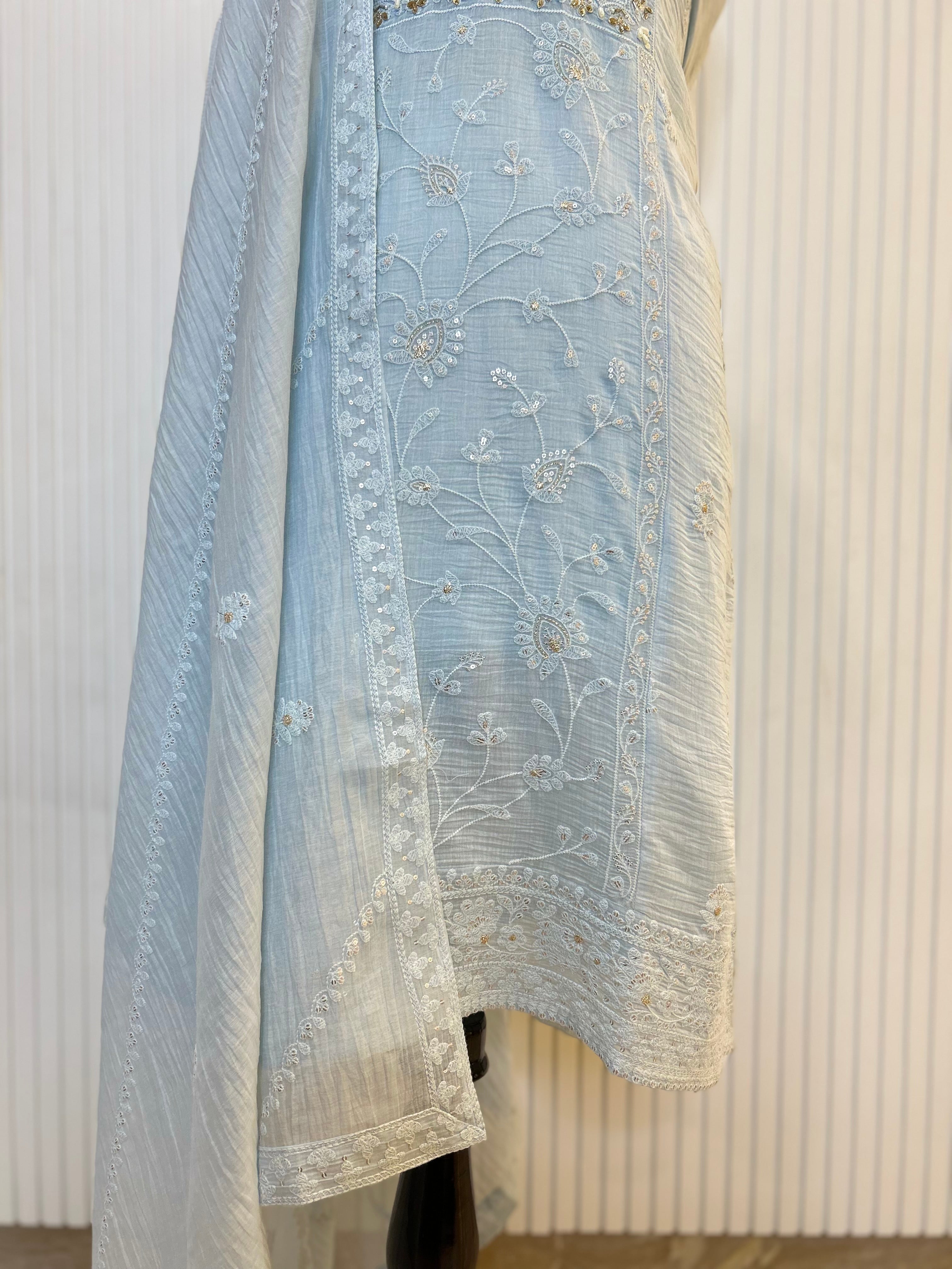 Mul Cotton Embroidered Unstitched Suit Set with Beads Work Neck And Embroidered Mul Cotton Dupatta | Premium Ethnic Wear Material for Women