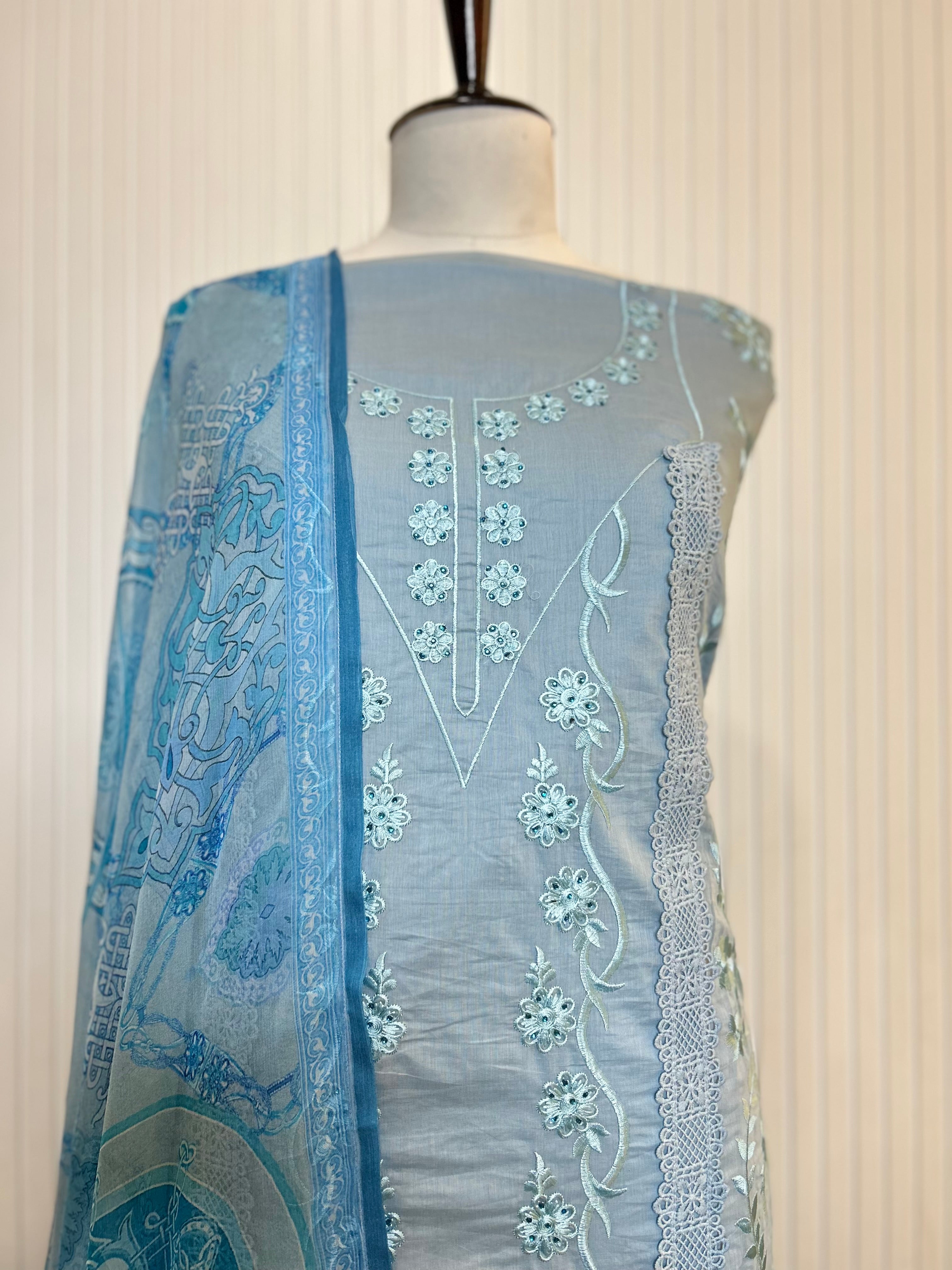 Muslin Cotton Unstitched Suit | All-Over Thread Floral Embroidery with Cutwork Scallop Ghera & Lace Panel Border | Pure Chiffon Digital Print Dupatta