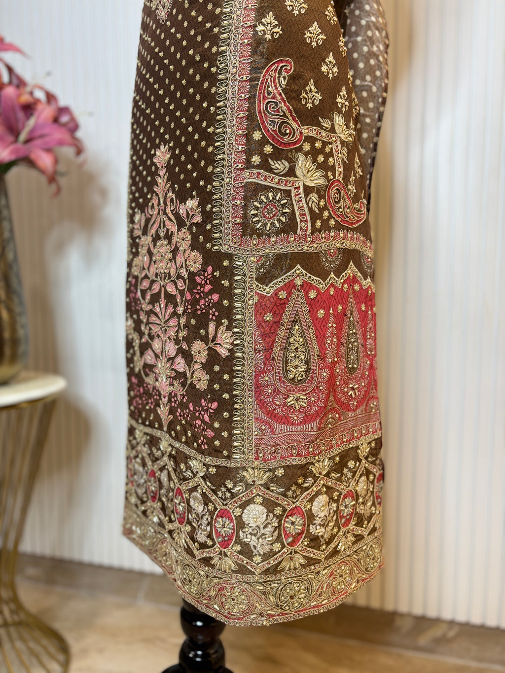 Shimmer Front & Back Printed Unstitched Suit with Dori Embroidery & Beads Work Paired with Digital Print Shimmer Dupatta