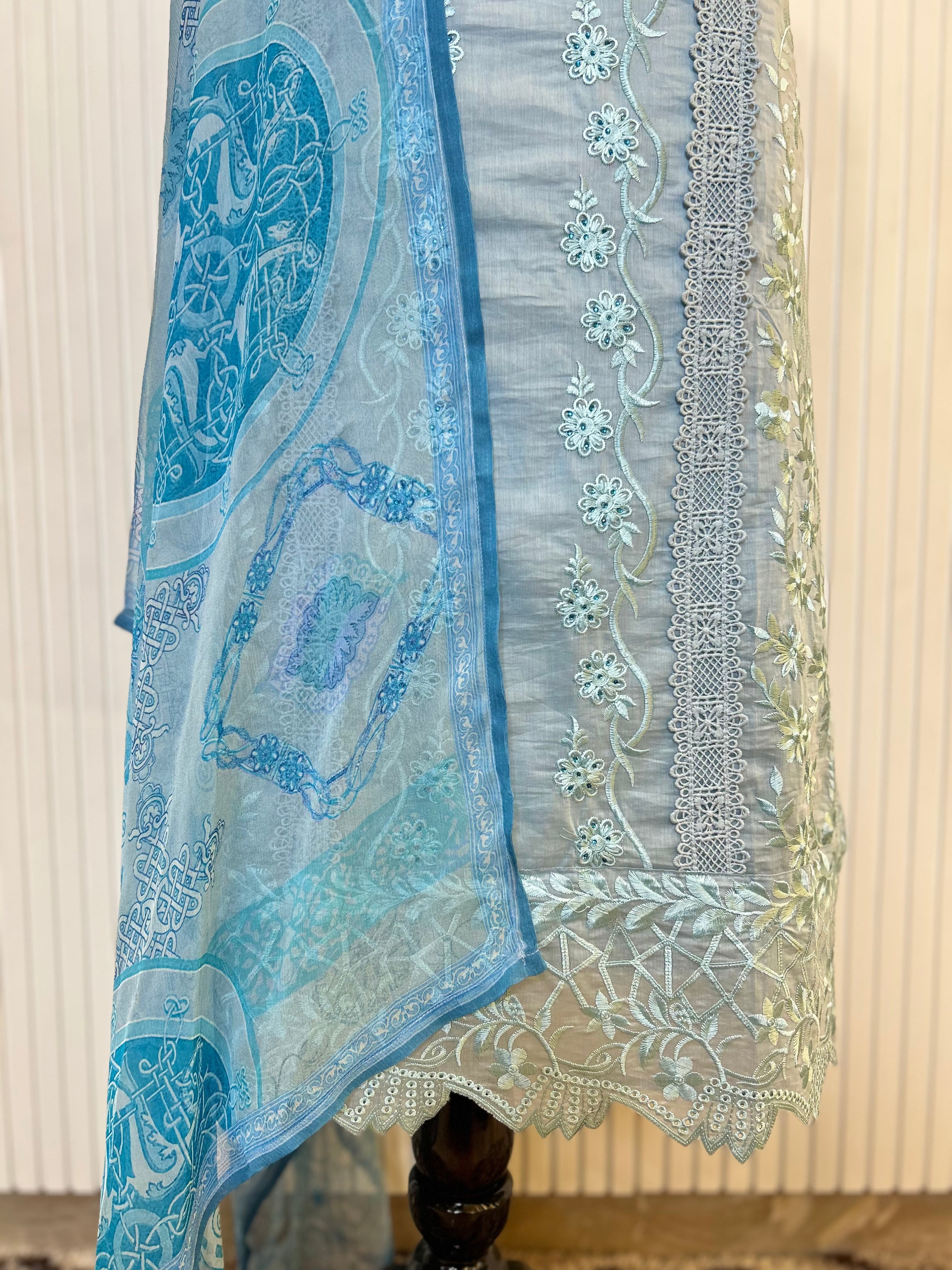 Muslin Cotton Unstitched Suit | All-Over Thread Floral Embroidery with Cutwork Scallop Ghera & Lace Panel Border | Pure Chiffon Digital Print Dupatta