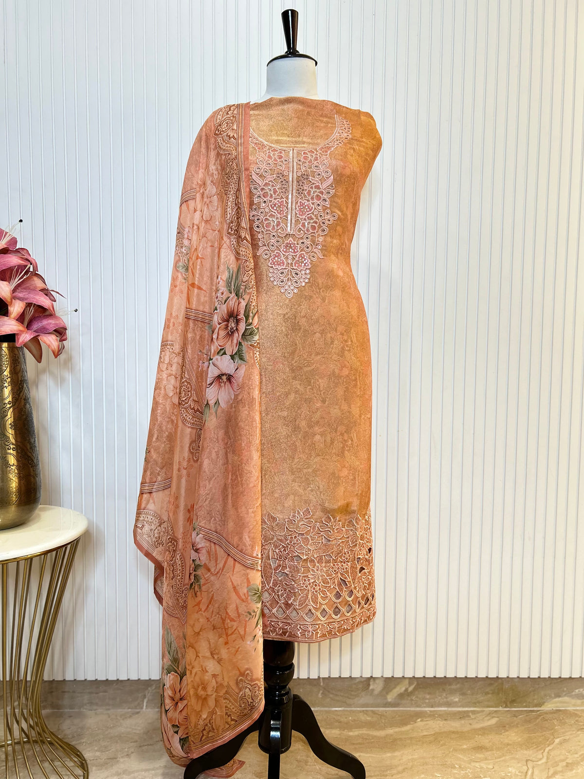 Shimmer Unstitched Printed Suit with Embroidered, Boring And Sequins Work Neck And Embroidered Cutwork Ghera Paired With Digitally Printed Tabby Dupatta