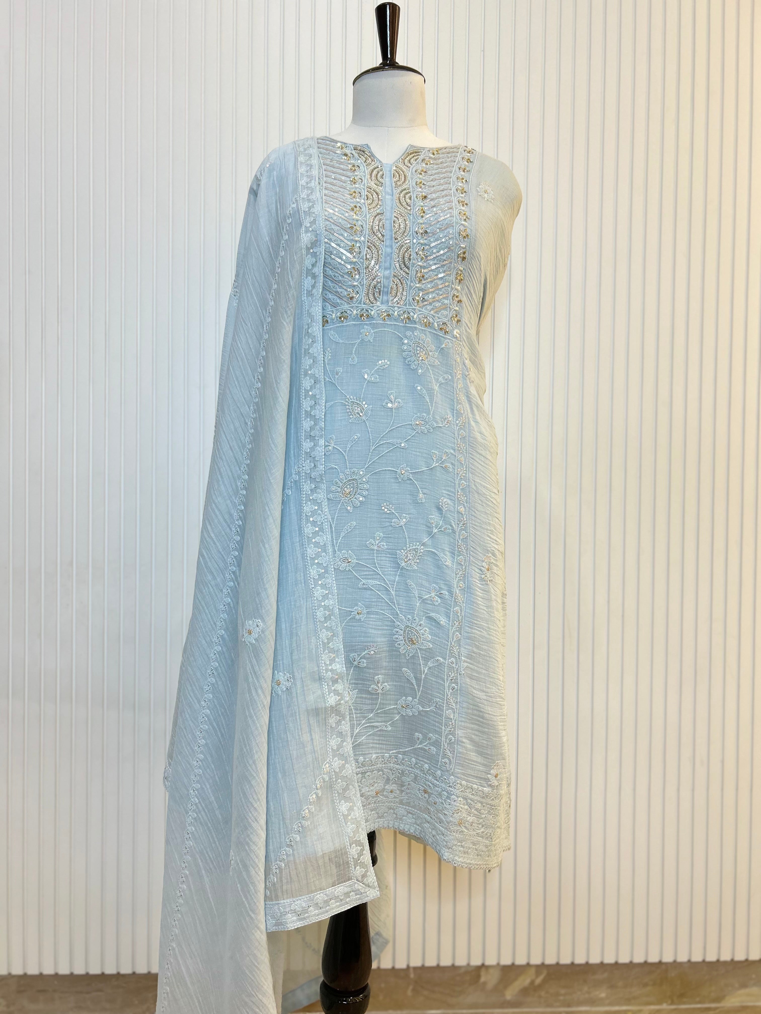 Mul Cotton Embroidered Unstitched Suit Set with Beads Work Neck And Embroidered Mul Cotton Dupatta | Premium Ethnic Wear Material for Women