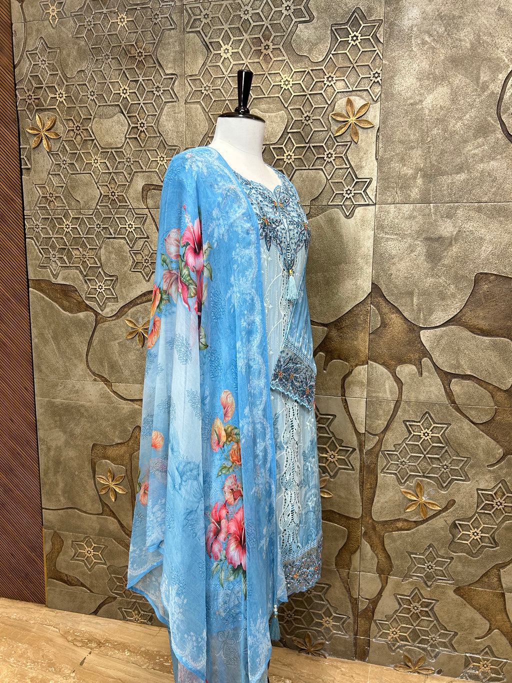 Pakistani Style Cambric Unstitched Suit | Digital Print Front & Back | Thread Embroidery And Boring Work | Lacework on Sleeves & Ghera | Digital Print Chiffon Dupatta | Ethnic Wear for Women