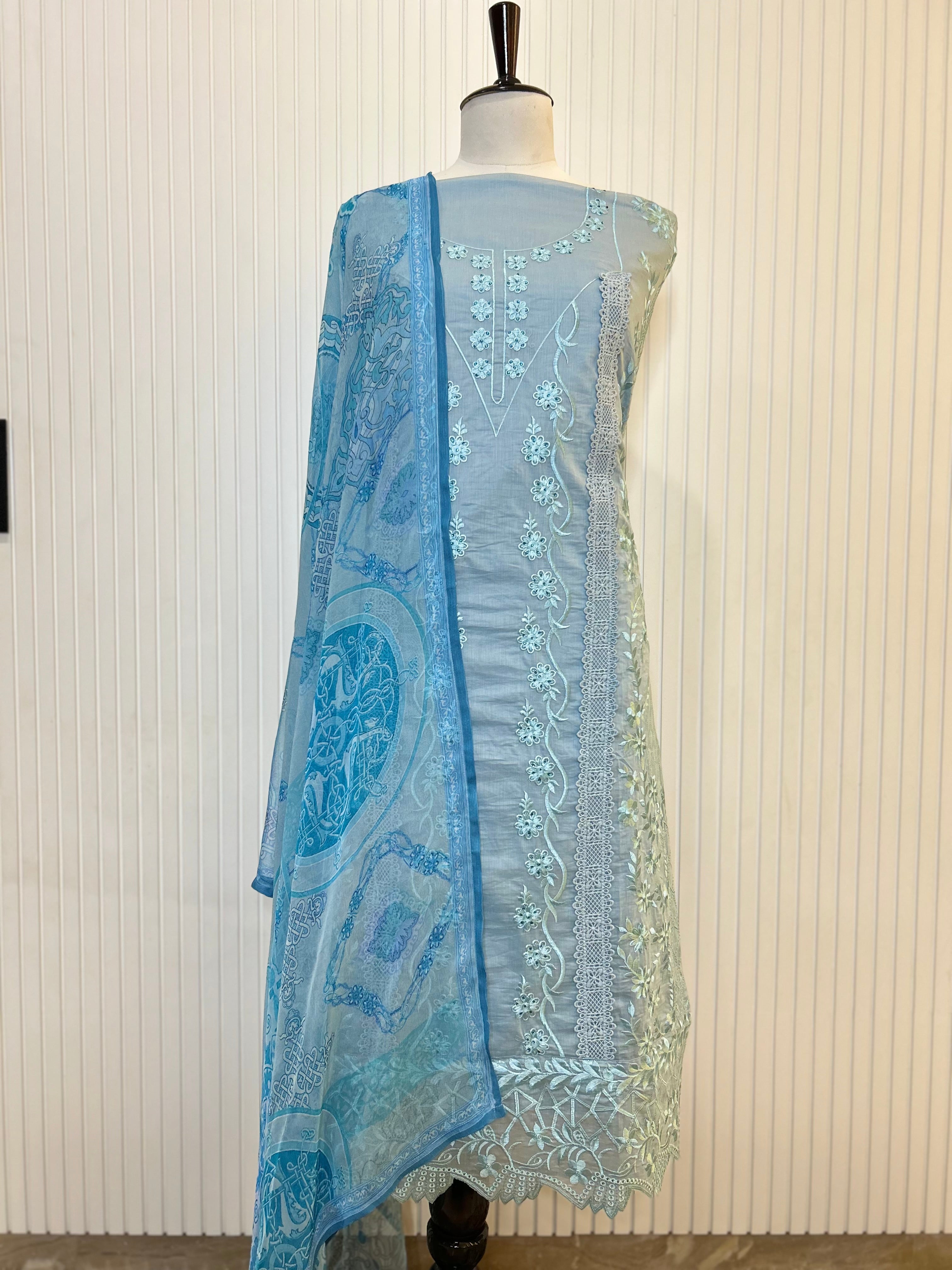 Muslin Cotton Unstitched Suit | All-Over Thread Floral Embroidery with Cutwork Scallop Ghera & Lace Panel Border | Pure Chiffon Digital Print Dupatta