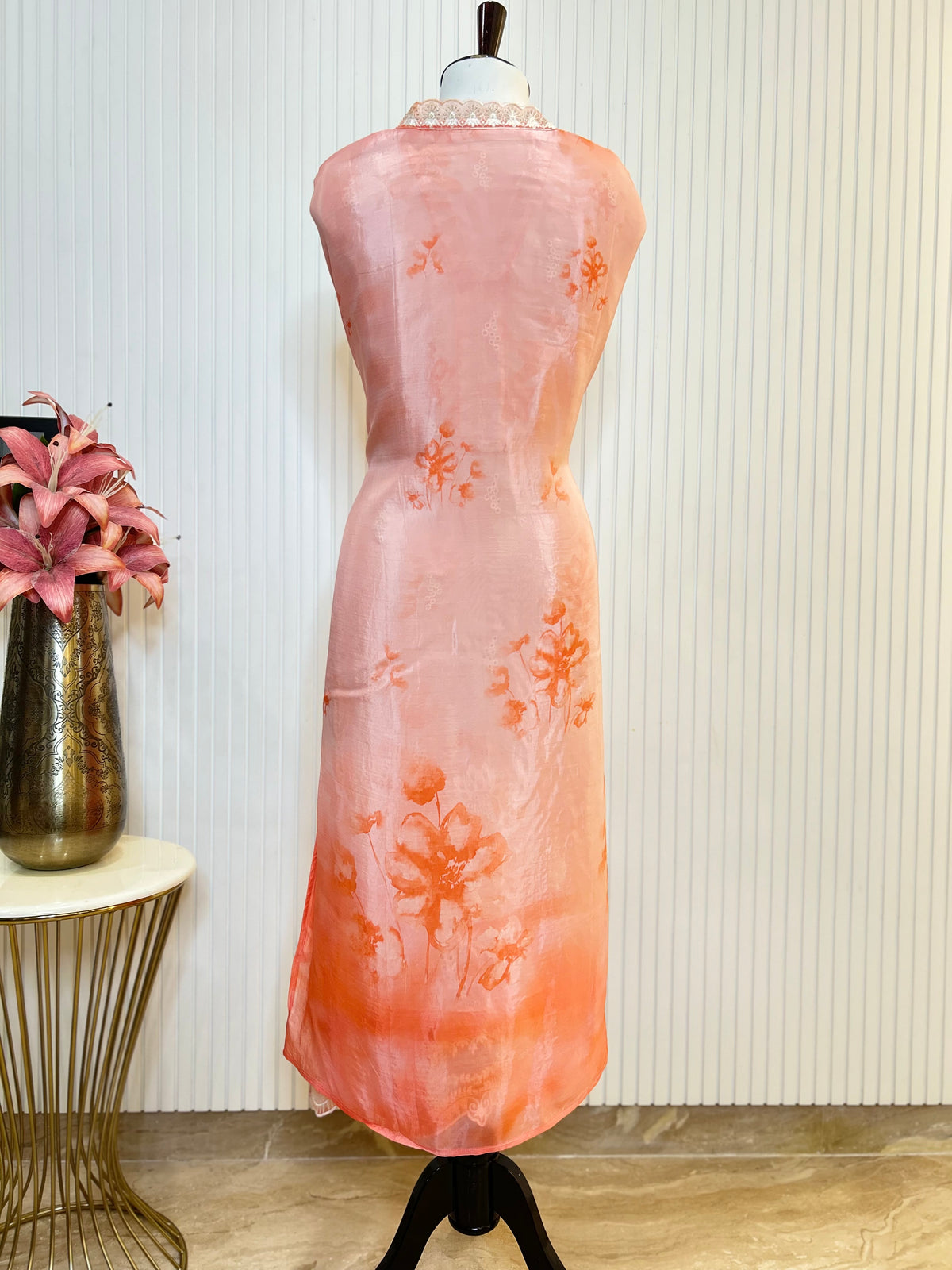 Glass Organza Embroidered Unstitched Suit With Chemical Print Front & Back Paired With Chinon Digital Print Dupatta