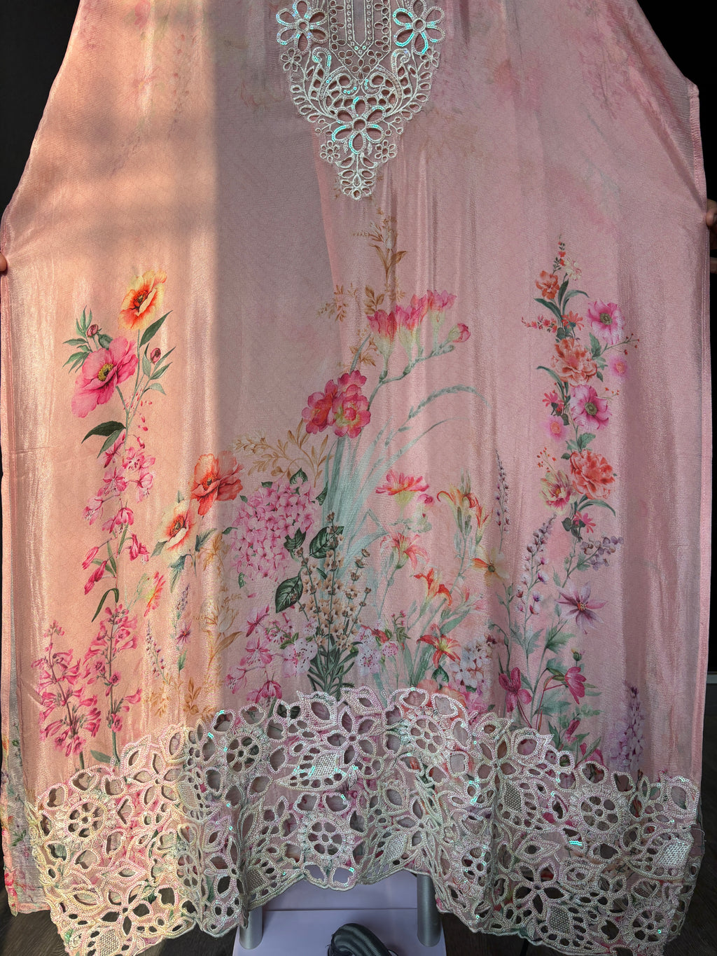 Women's Chinon Fabric Unstitched Suit | Botanical Floral Digital Print Front & Back With Sequin Floral Cutwork Neck, Ghera and Sleeves Paired With Matching Chinon Embroidered Dupatta
