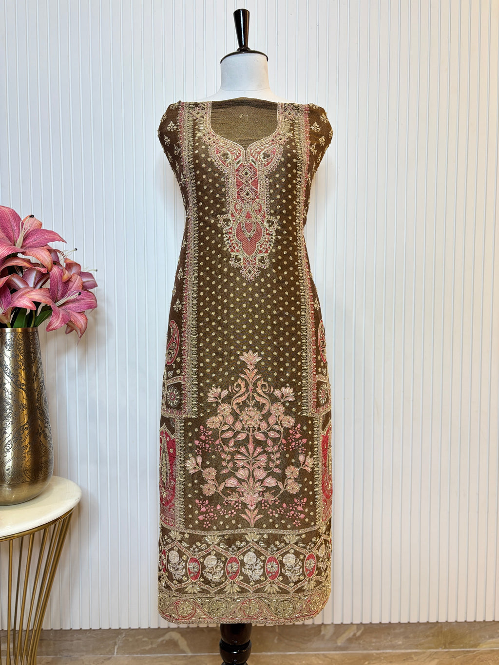 Shimmer Front & Back Printed Unstitched Suit with Dori Embroidery & Beads Work Paired with Digital Print Shimmer Dupatta