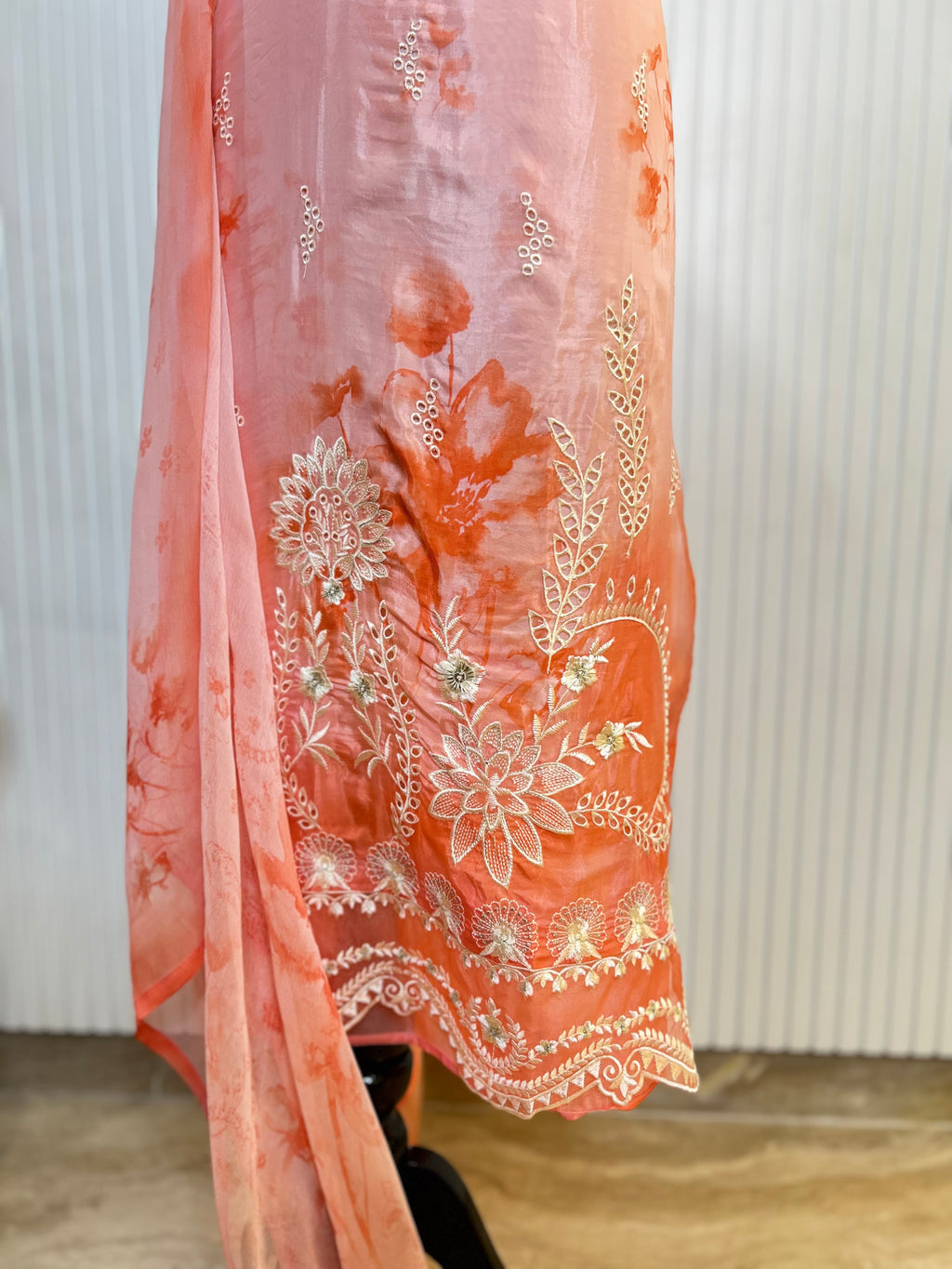 Glass Organza Embroidered Unstitched Suit With Chemical Print Front & Back Paired With Chinon Digital Print Dupatta