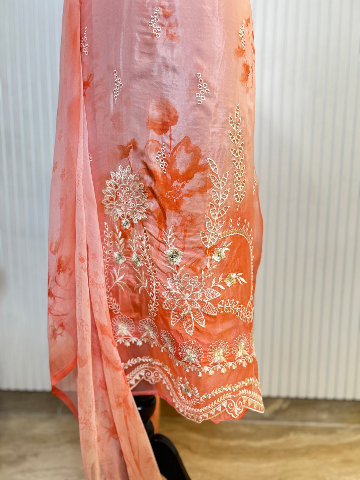 Glass Organza Embroidered Unstitched Suit With Chemical Print Front & Back Paired With Chinon Digital Print Dupatta